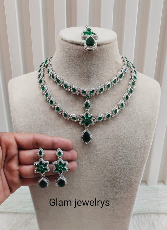 Green Silver CZ Necklace Indian Jewellery Harteij Set
