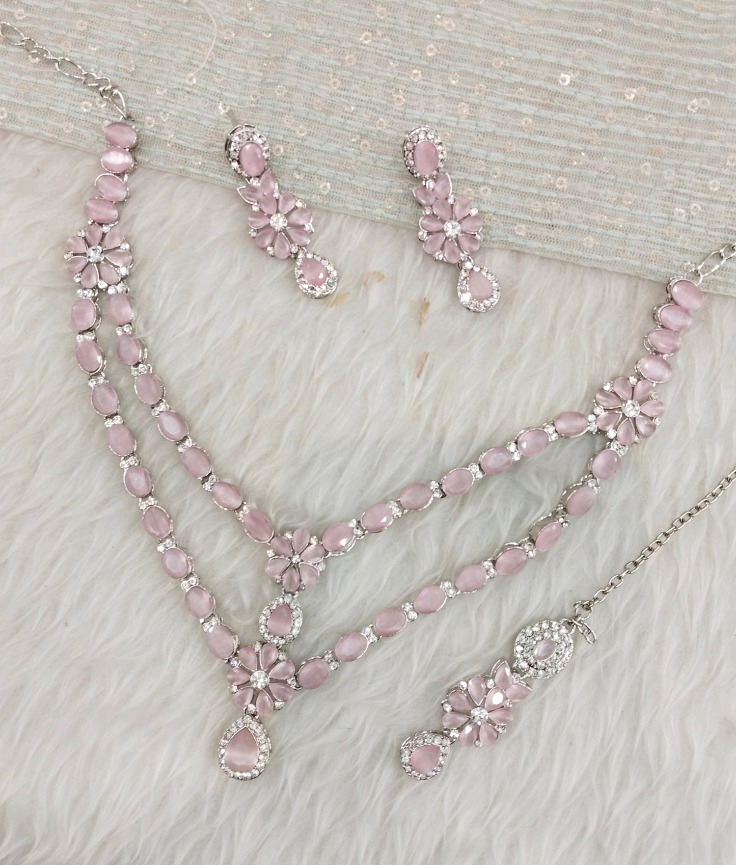 Pink Silver CZ Necklace Indian Jewellery Harteij Set