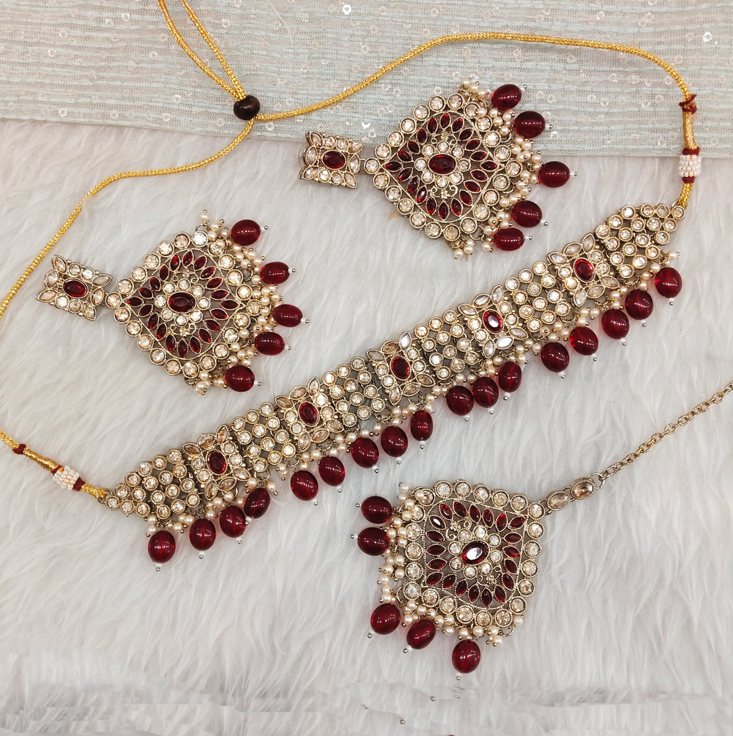 Maroon Antique Gold Choker Indian Jewellery Hanish Set