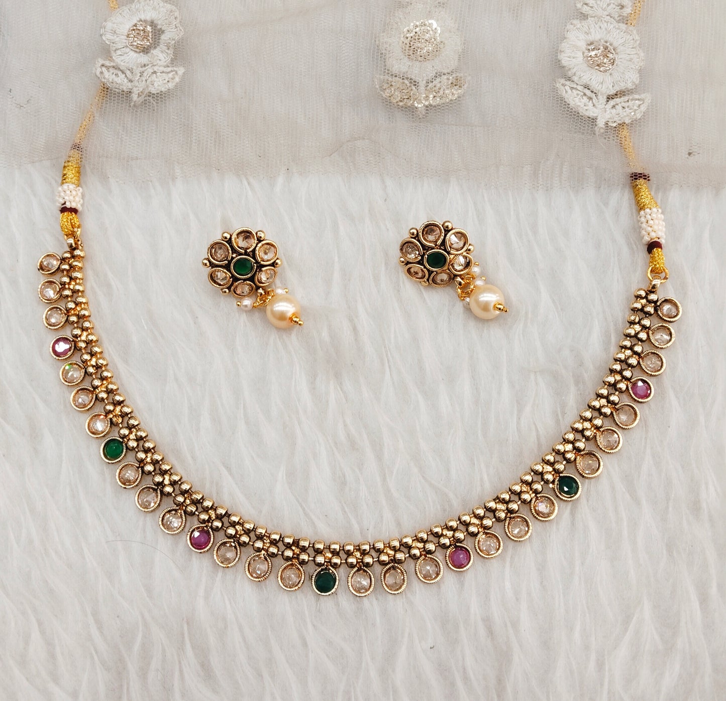 Ruby Green Gold Polki Necklace Indian Jewellery set