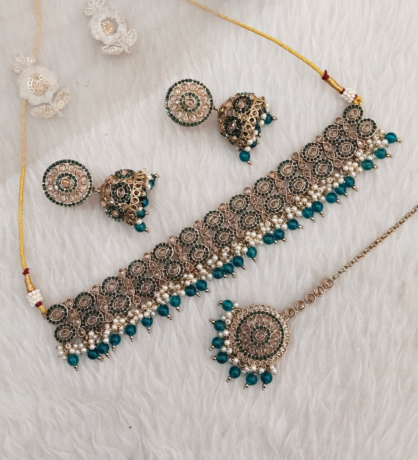 Rama Green Antique Gold Choker Indian Mika jewellery set