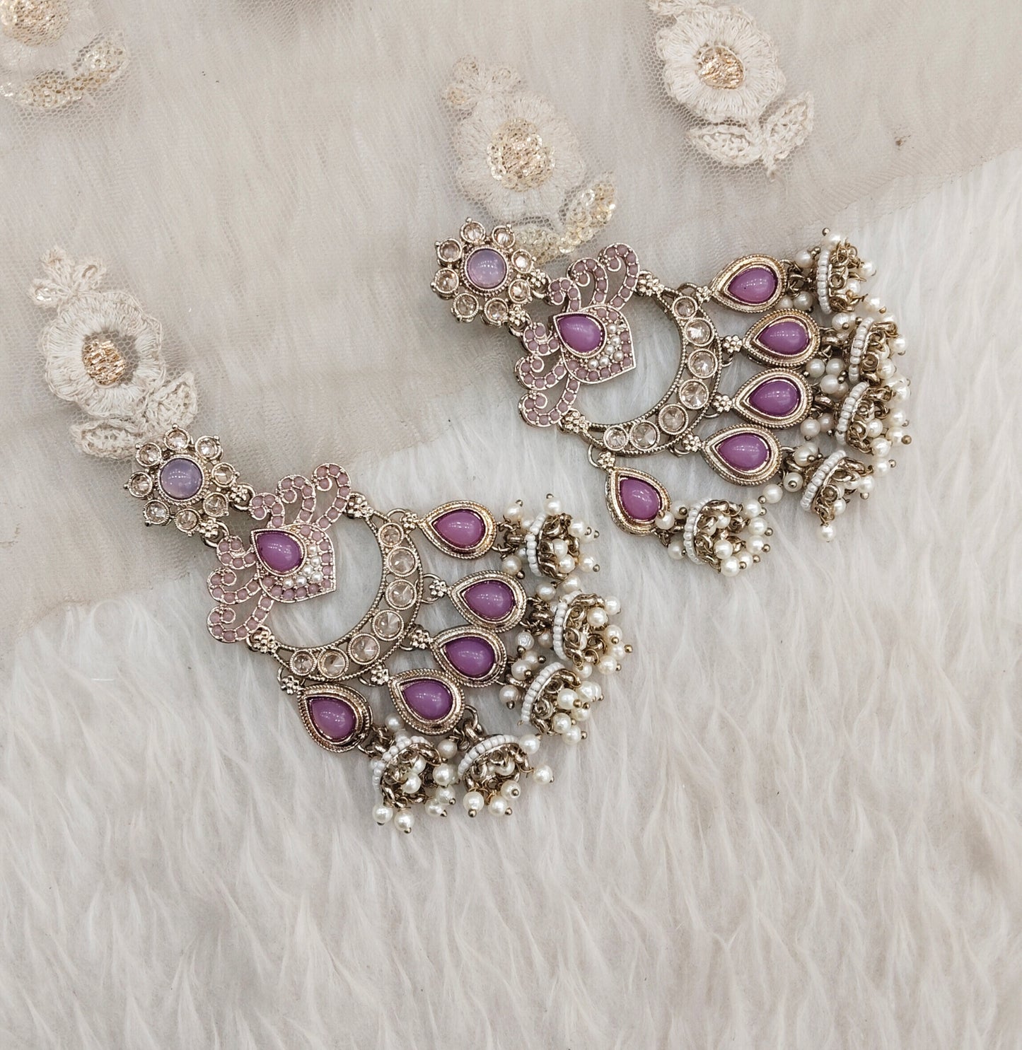 Lavender Antique Gold Bollywood Mamber Indian Earrings