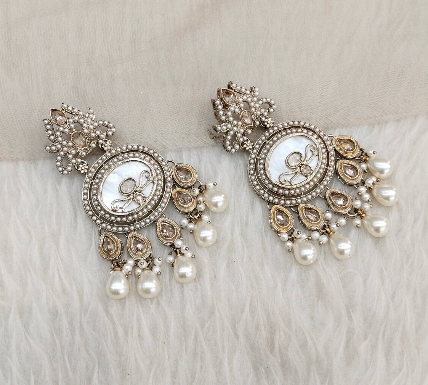 White Antique Gold Bollywood Sarpunch Indian Earrings