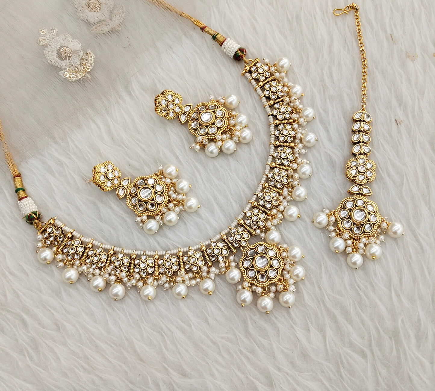 White Gold Kundan Necklace Indian Jewellery Surya Set