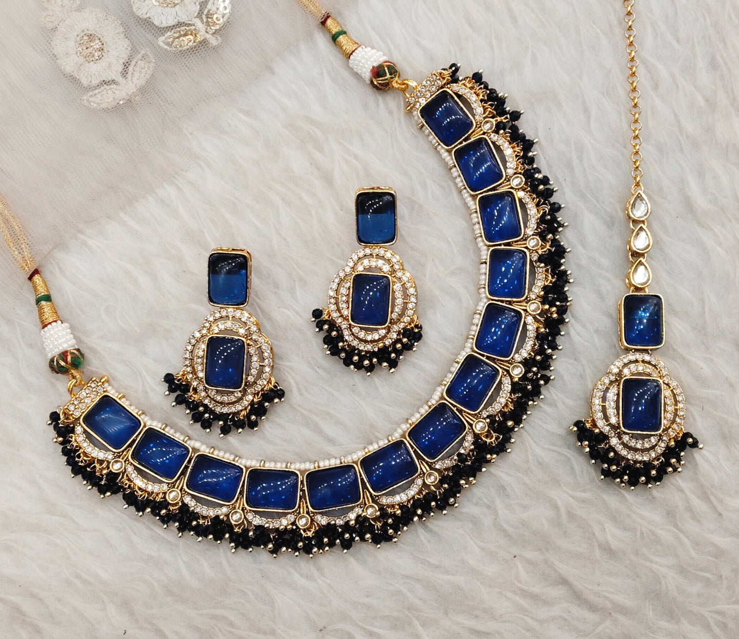 Blue Gold Monalisa Kundan Necklace Indian Jewellery Rock Set
