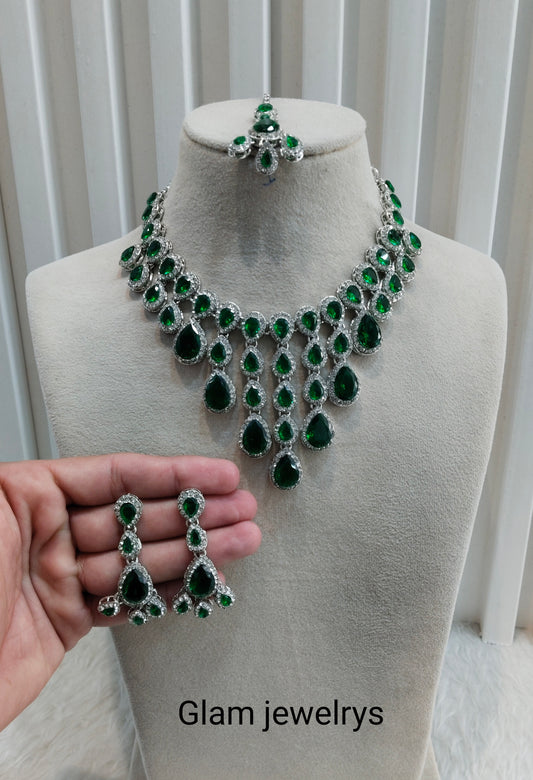 Green Silver Zircon Necklace Indian Jewellery Shami Set