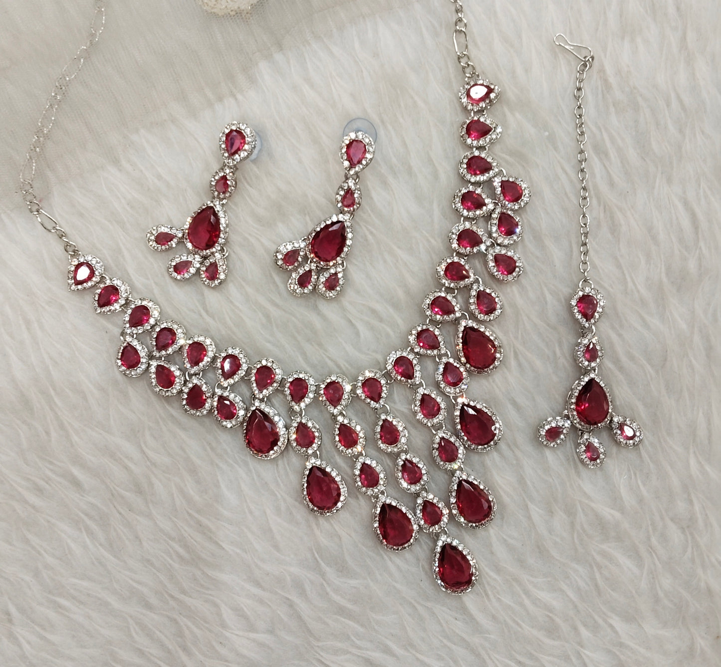 Ruby Silver Zircon Necklace Indian Jewellery Shami Set