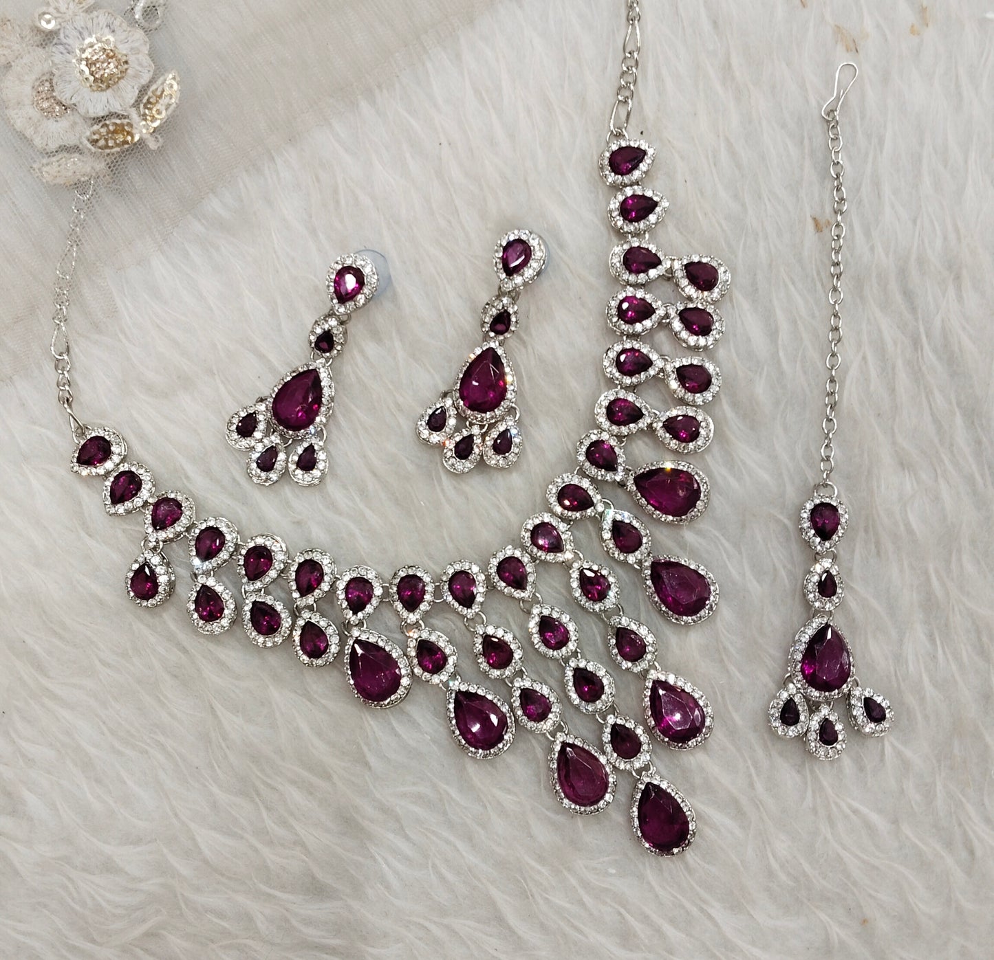 Purple Silver Zircon Necklace Indian Jewellery Shami Set