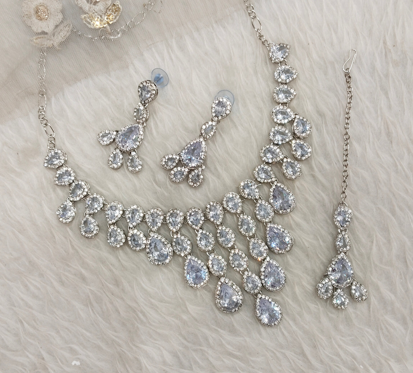 White Silver Zircon Necklace Indian Jewellery Shami Set