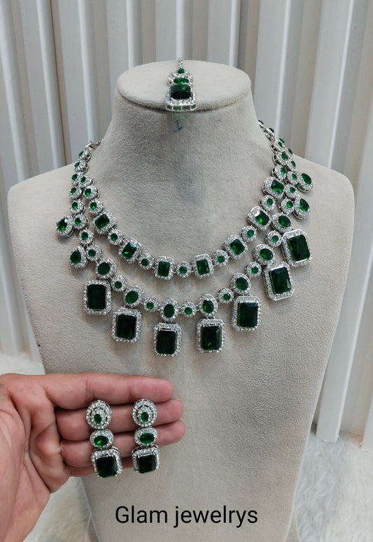 Green Silver Zircon Necklace Indian Jewellery Siraj Set
