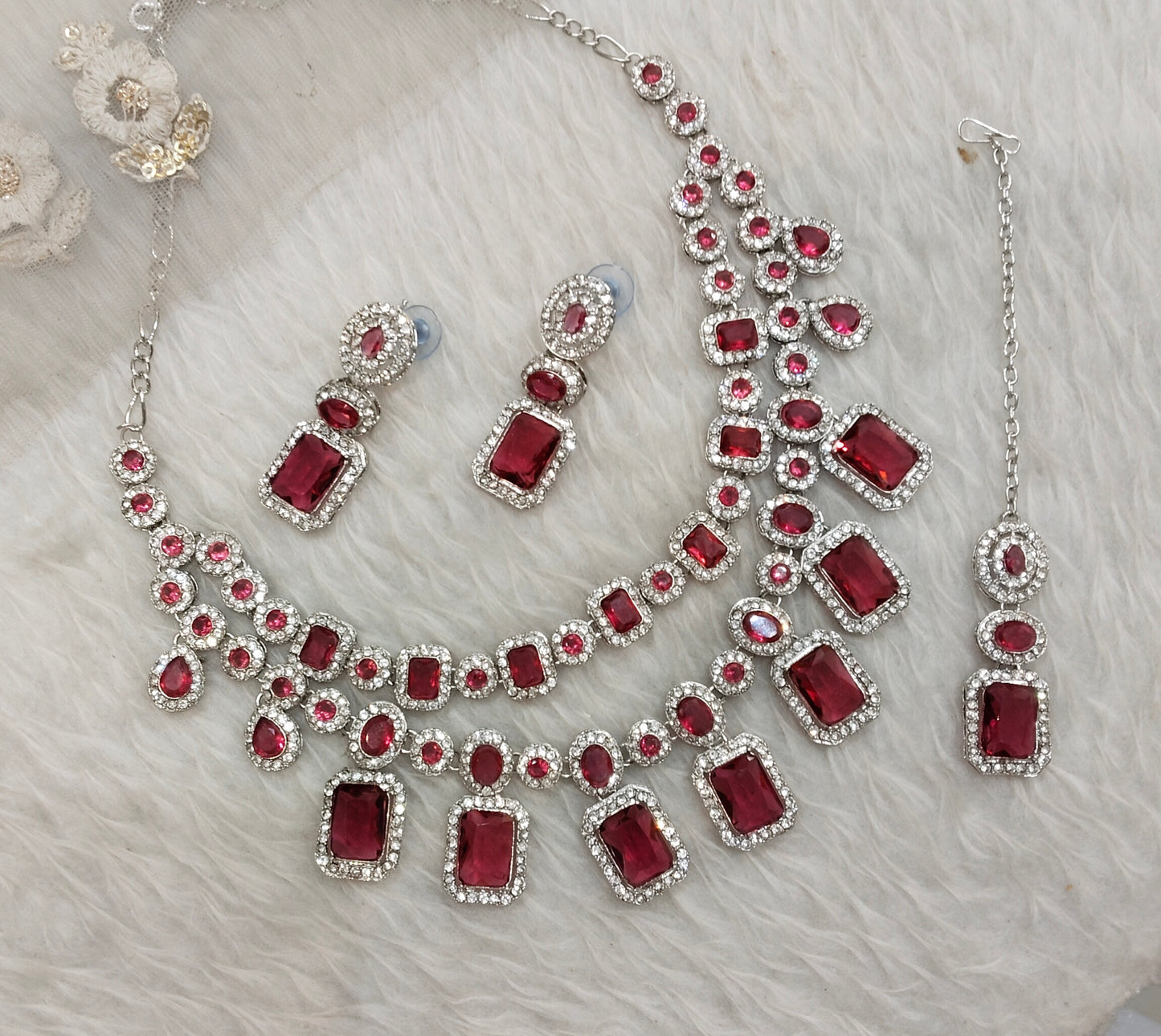Ruby Silver Zircon Necklace Indian Jewellery Siraj Set