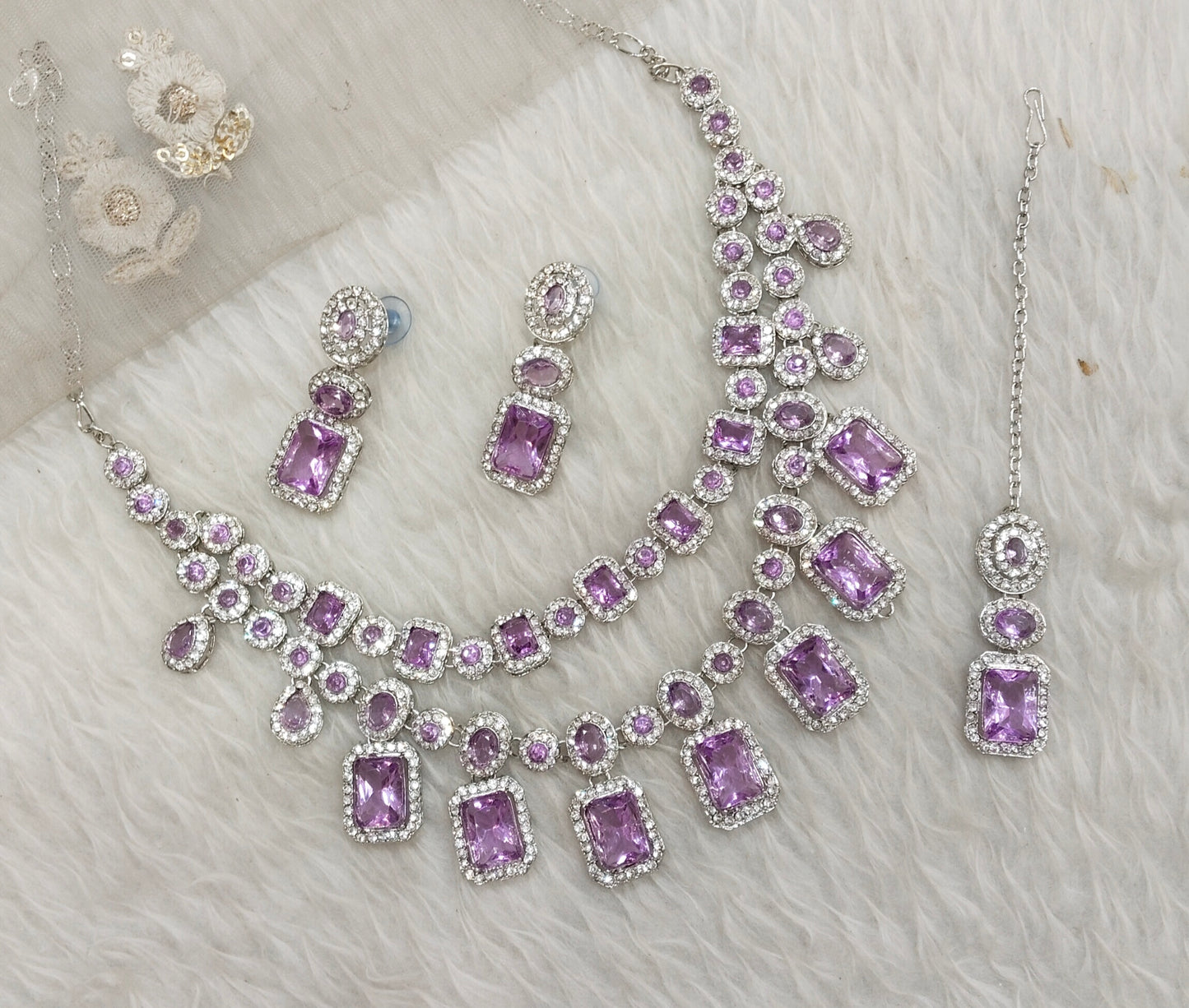 Lavender Silver Zircon Necklace Indian Jewellery Siraj Set