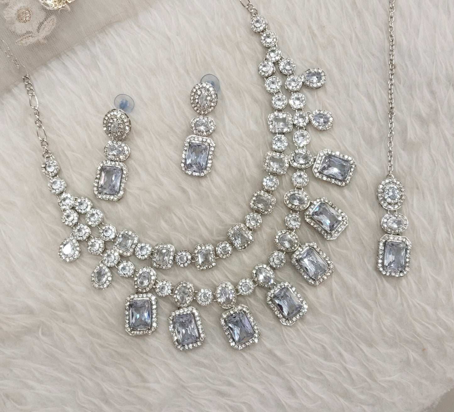 White Silver Zircon Necklace Indian Jewellery Siraj Set