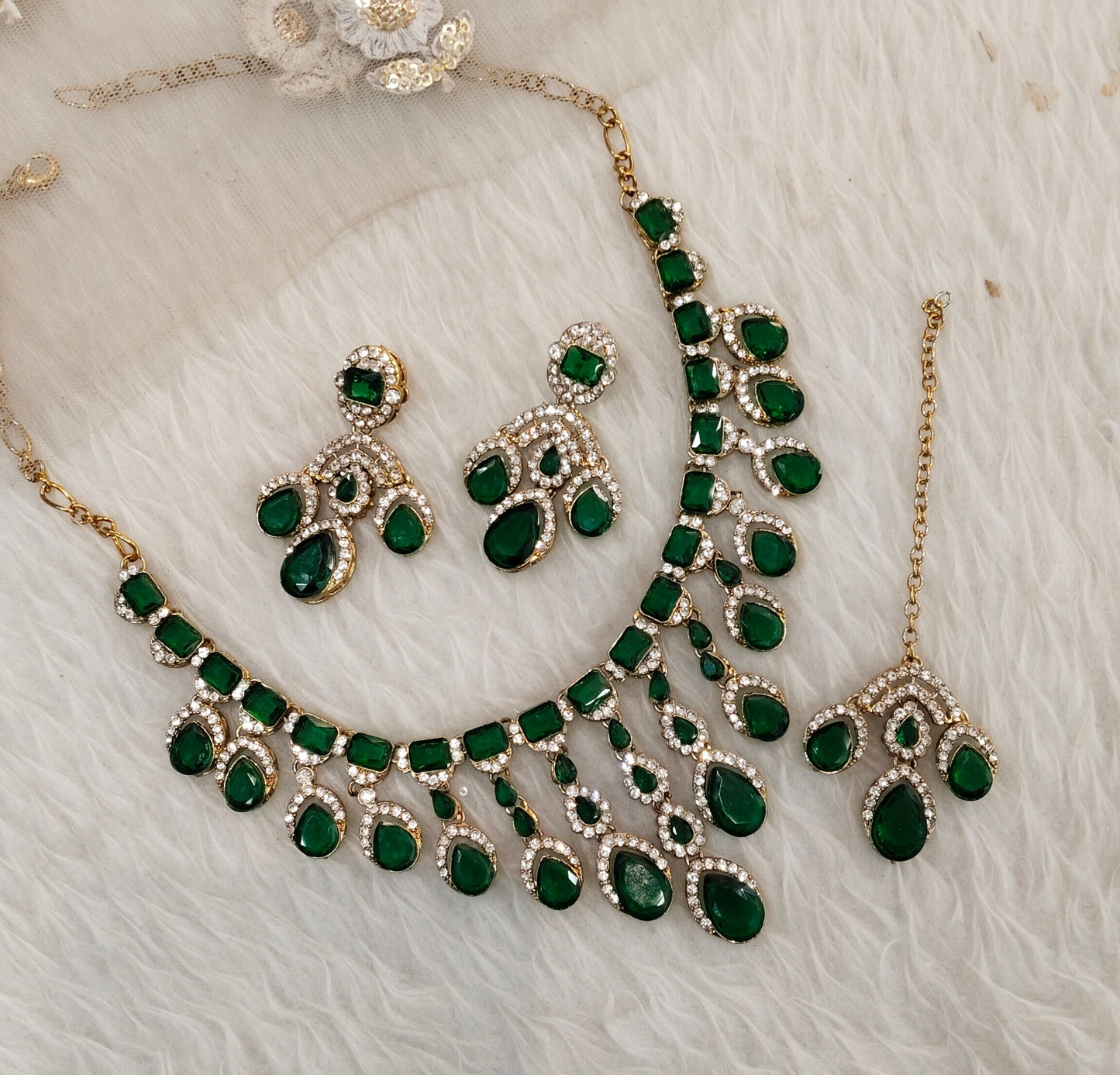 Green Antique Gold Zircon Necklace Indian Jewellery Ekaksh Set