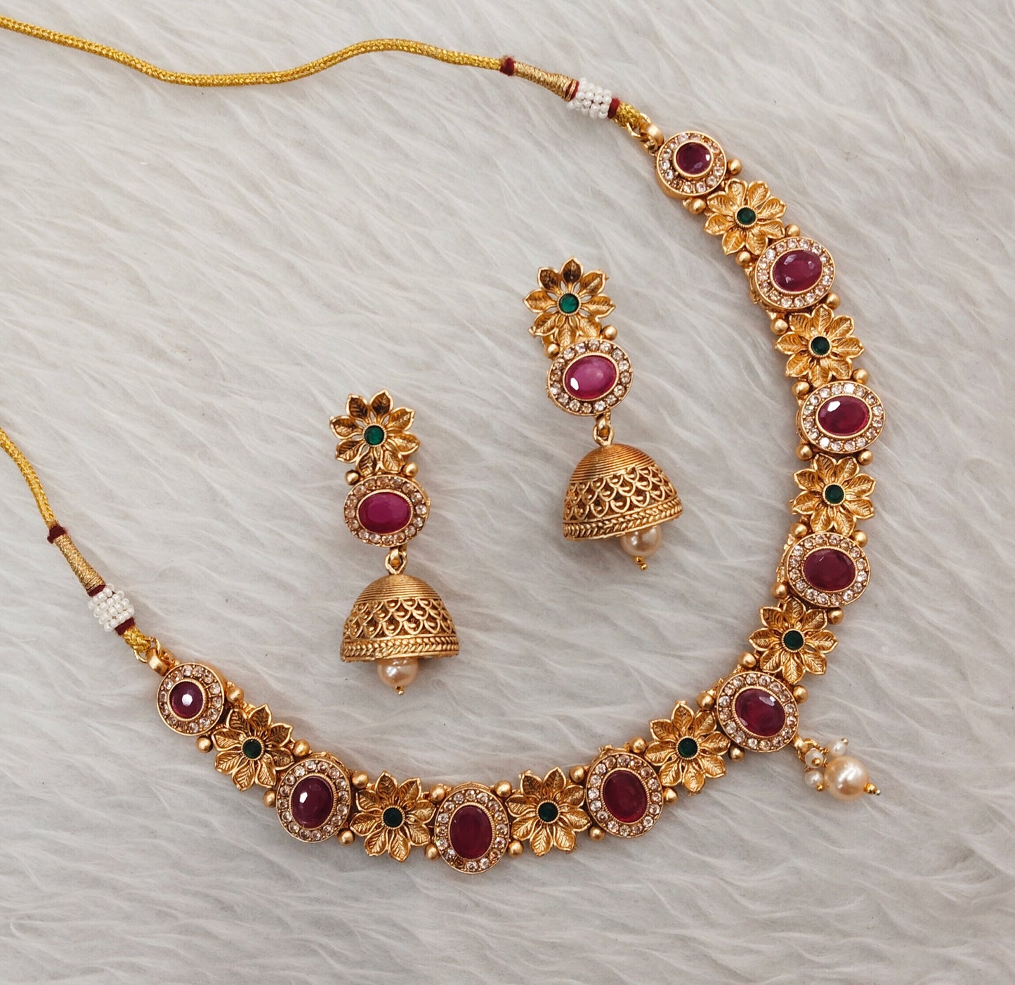 Ruby Green Gold Polki Necklace Indian Jewellery Santer Set