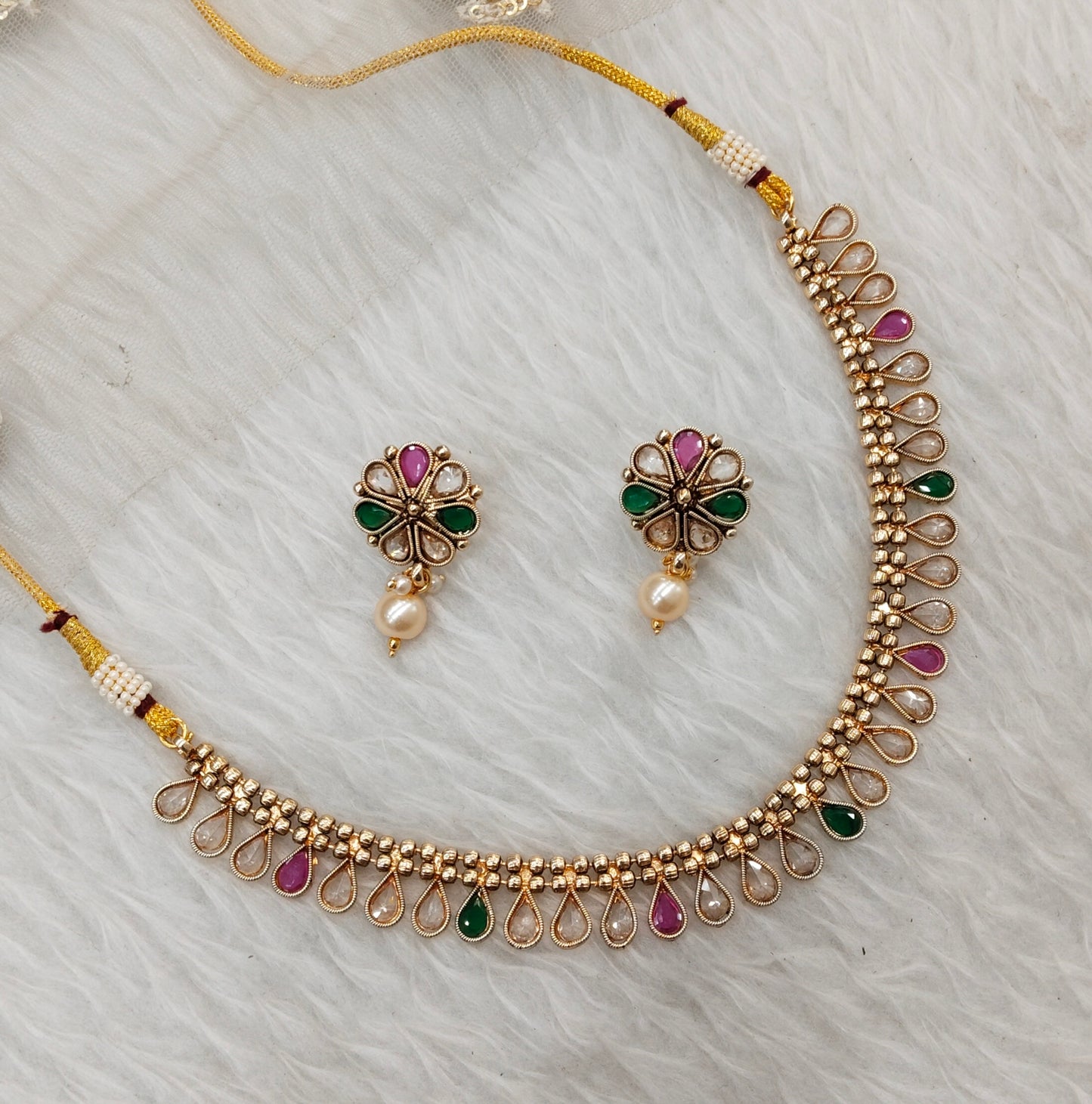 Ruby Green Gold Polki Necklace Indian Jewellery Set