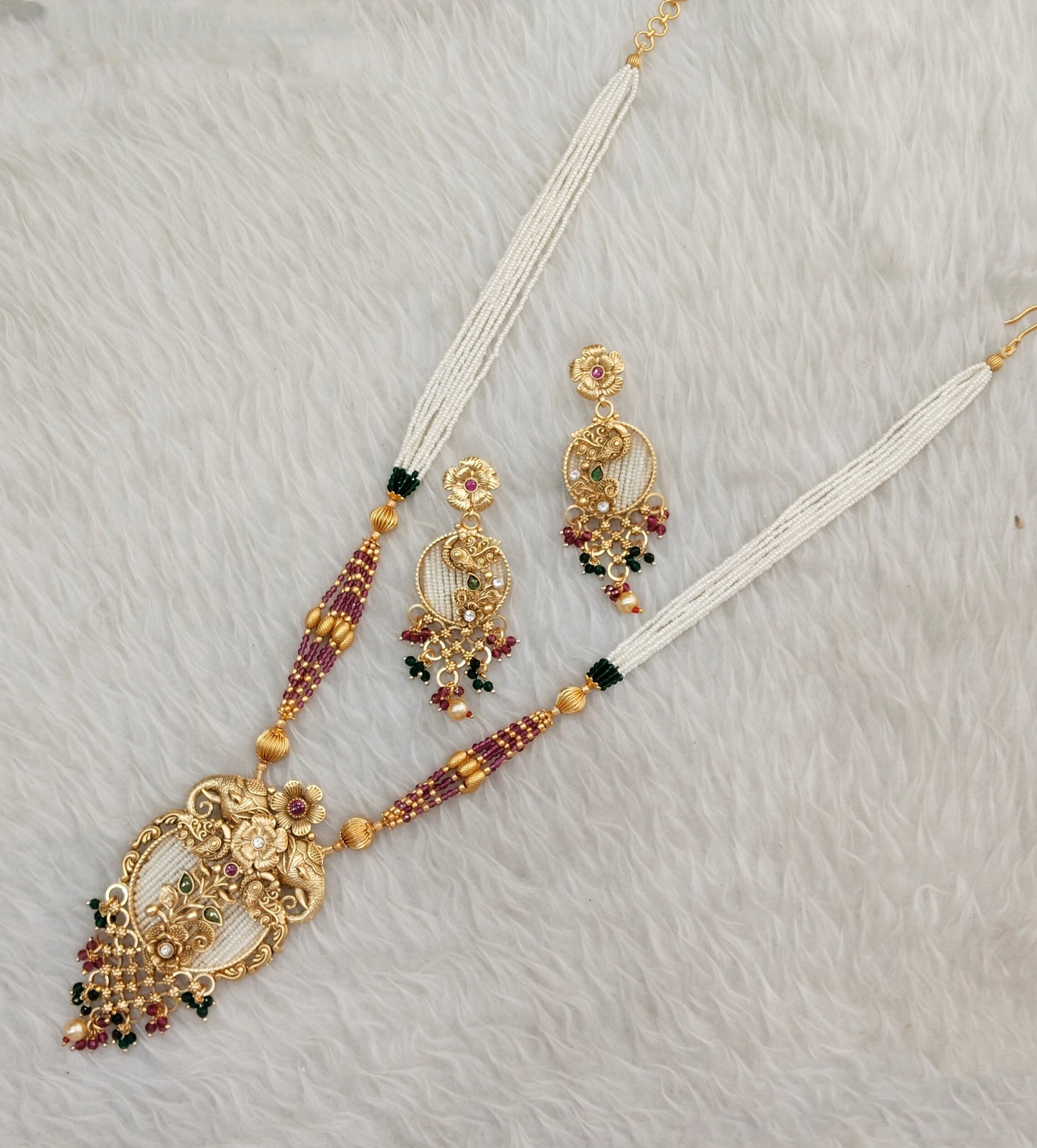 Ruby Green Gold Polki Long Rani Haar Necklace Jewellery Inder Set