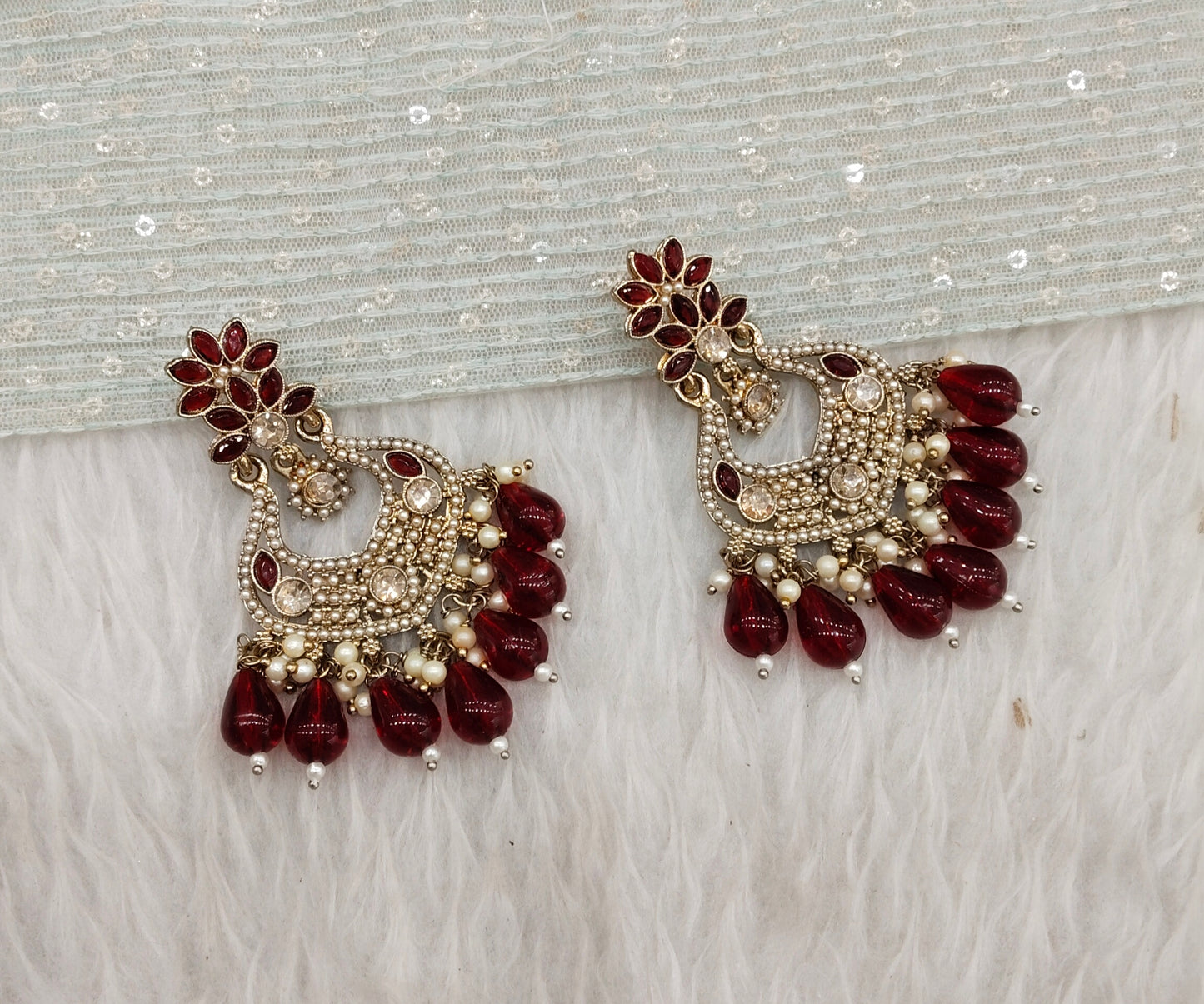 Maroon Antique Gold Bollywood Mukhmantri Indian Earrings