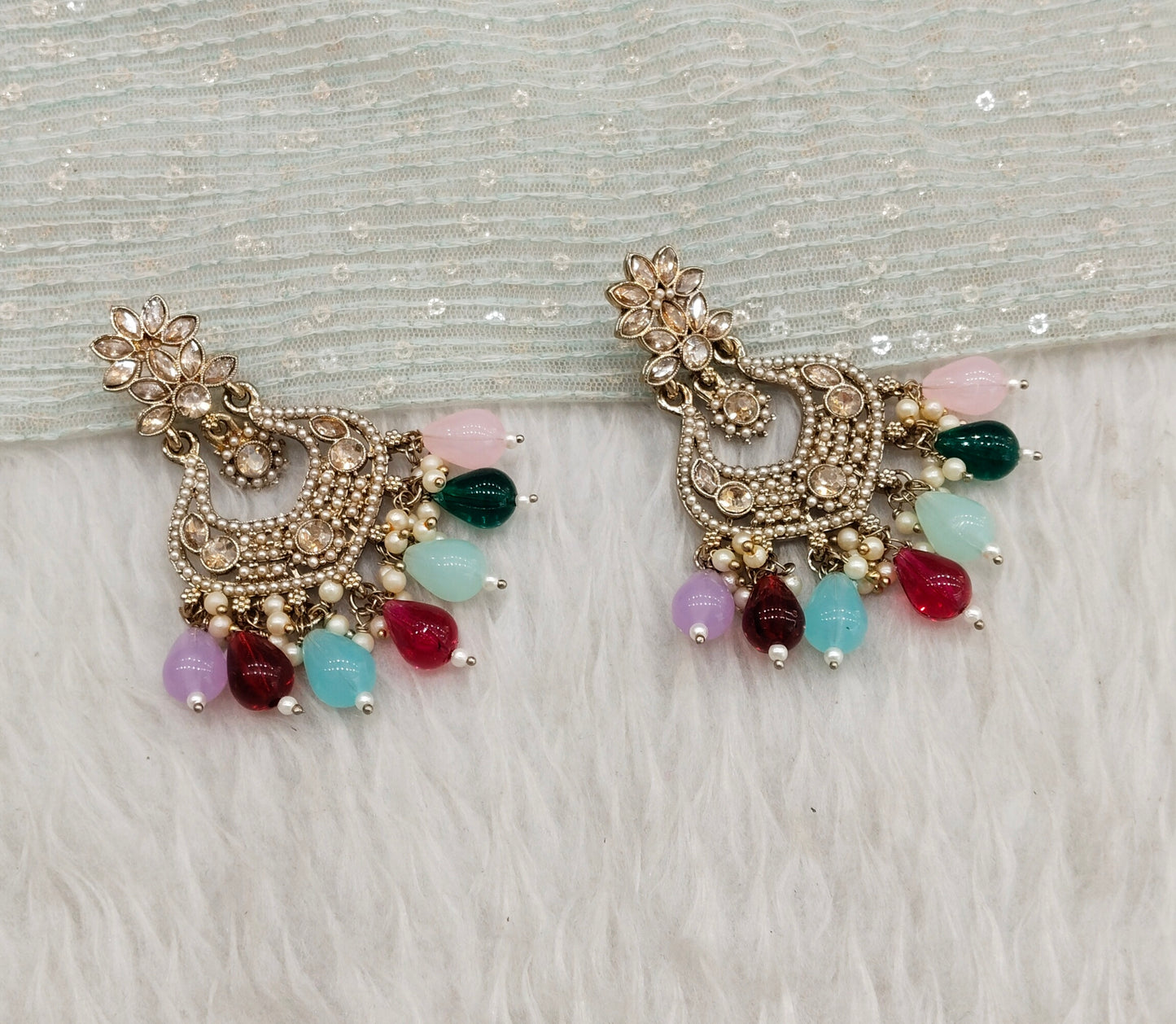 Multi Color Antique Gold Bollywood Mukhmantri Indian Earrings