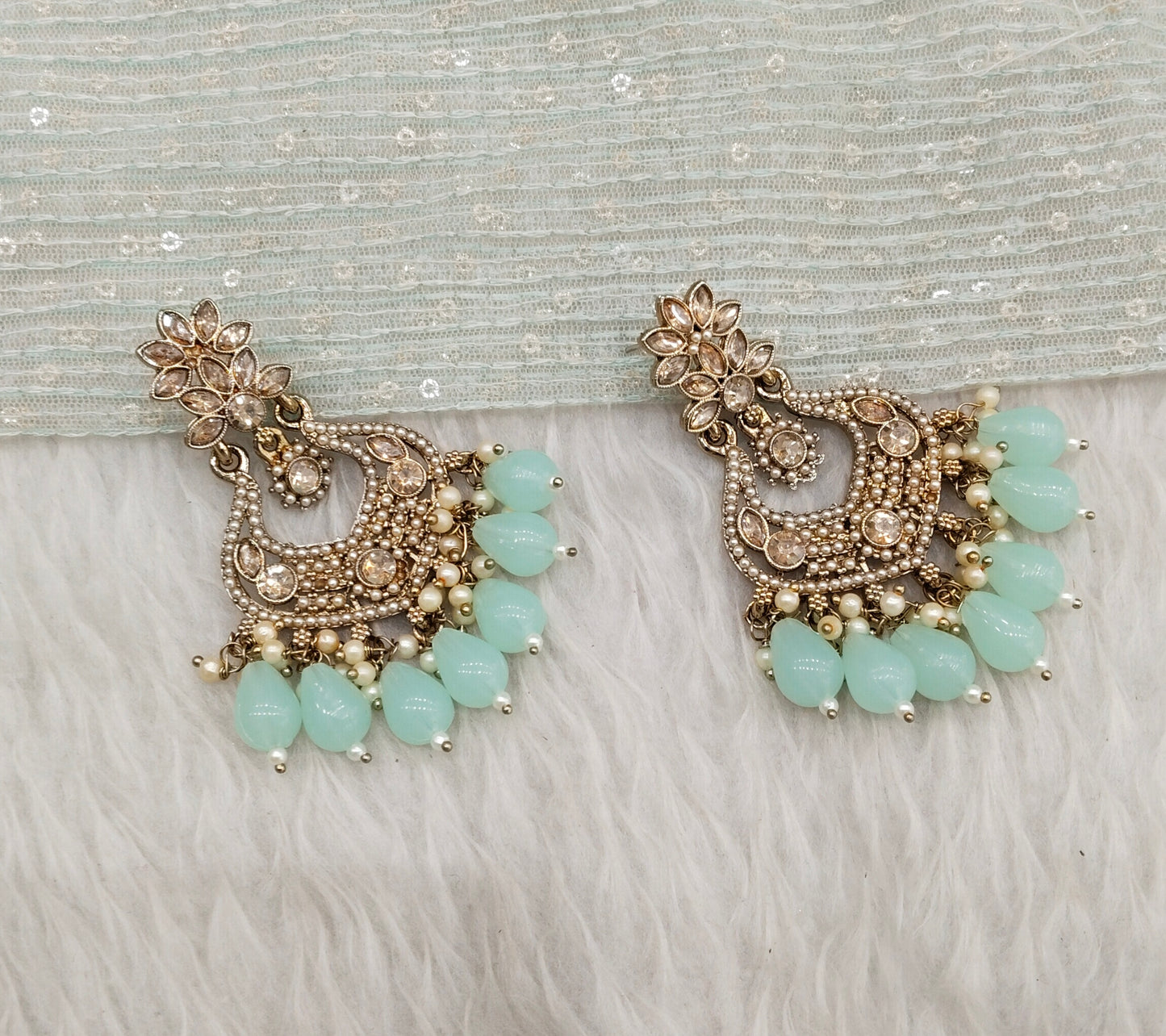 Pastel Green Antique Gold Bollywood Mukhmantri Indian Earrings
