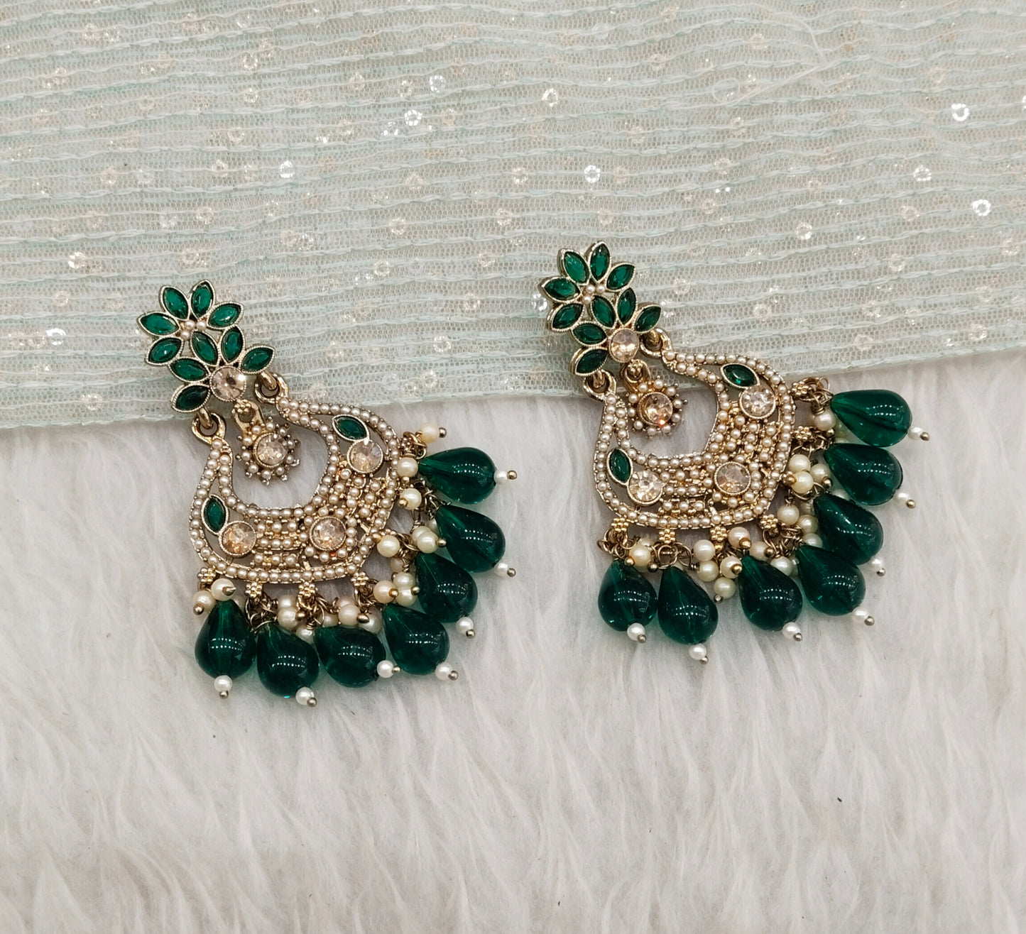 Green Antique Gold Bollywood Mukhmantri Indian Earrings