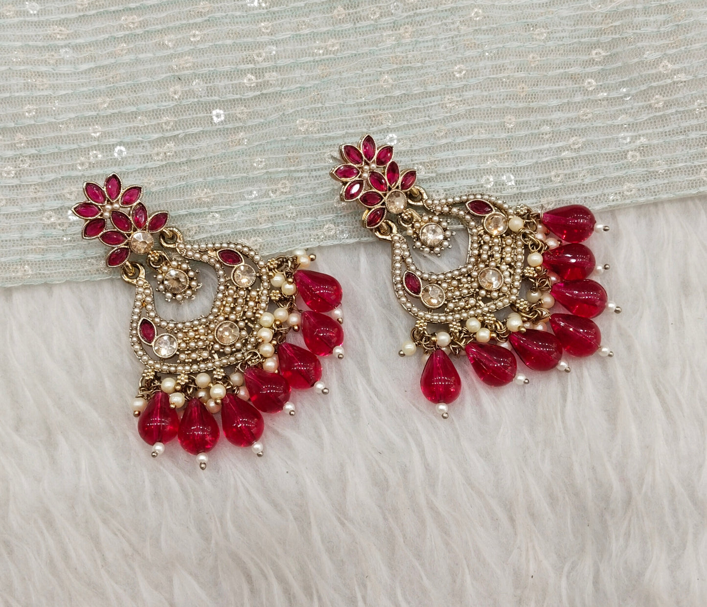 Majenta Antique Gold Bollywood Mukhmantri Indian Earrings