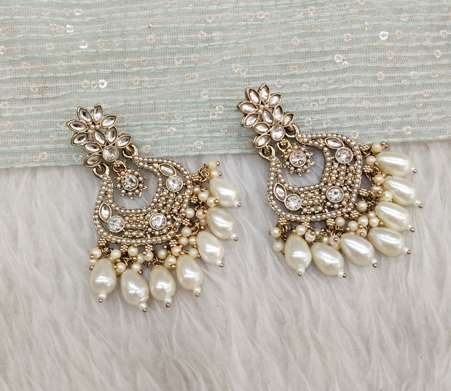 White Antique Gold Bollywood Mukhmantri Indian Earrings