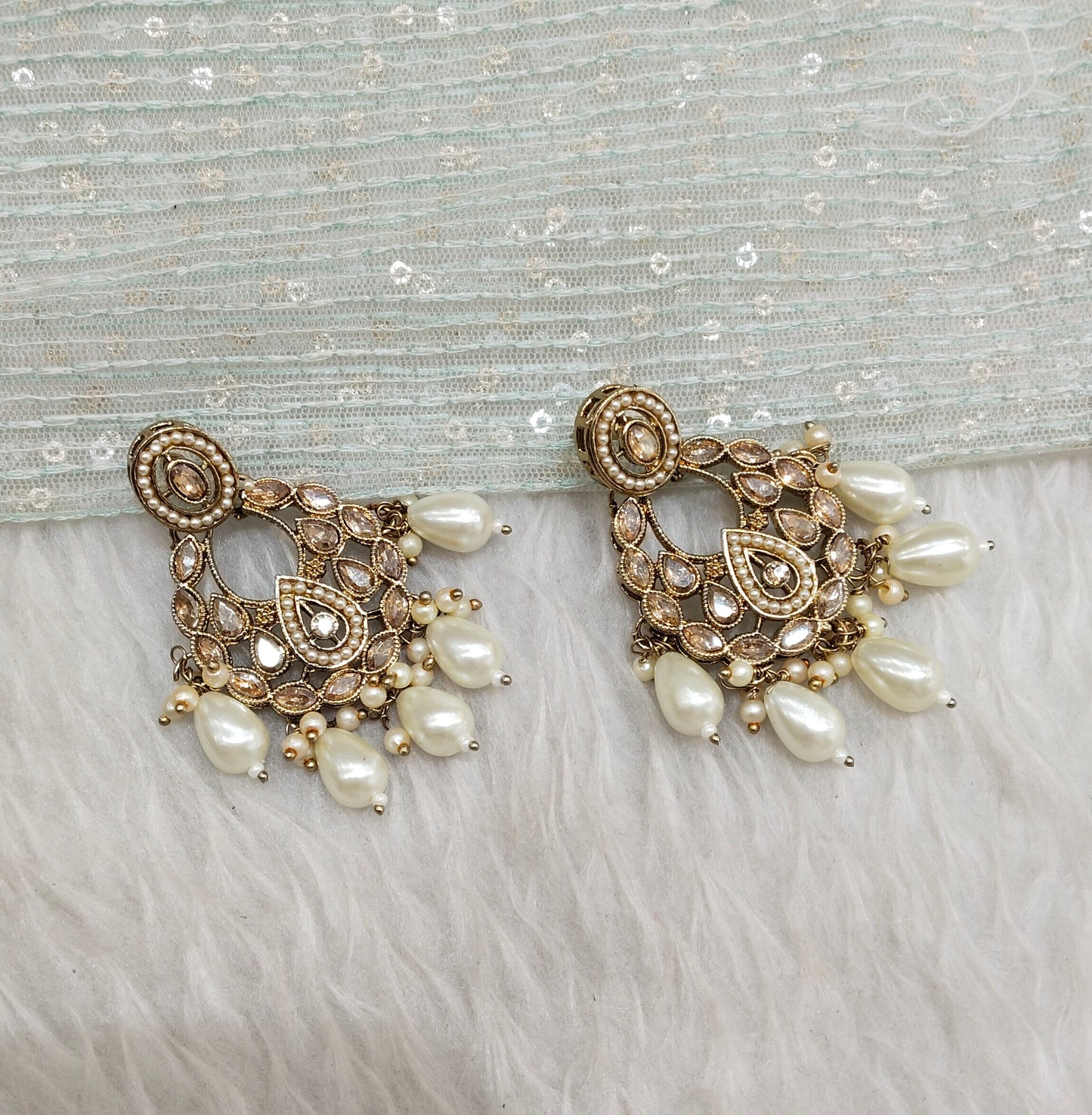 White Antique Gold Bollywood Kane Indian Earrings