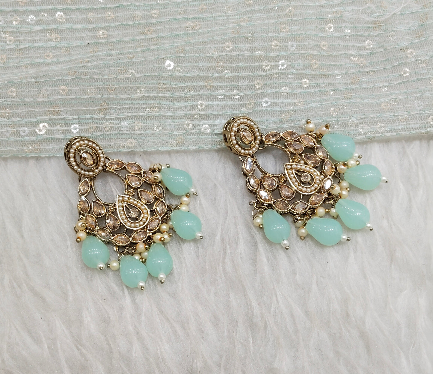 Pastel Green Antique Gold Bollywood Kane Indian Earrings