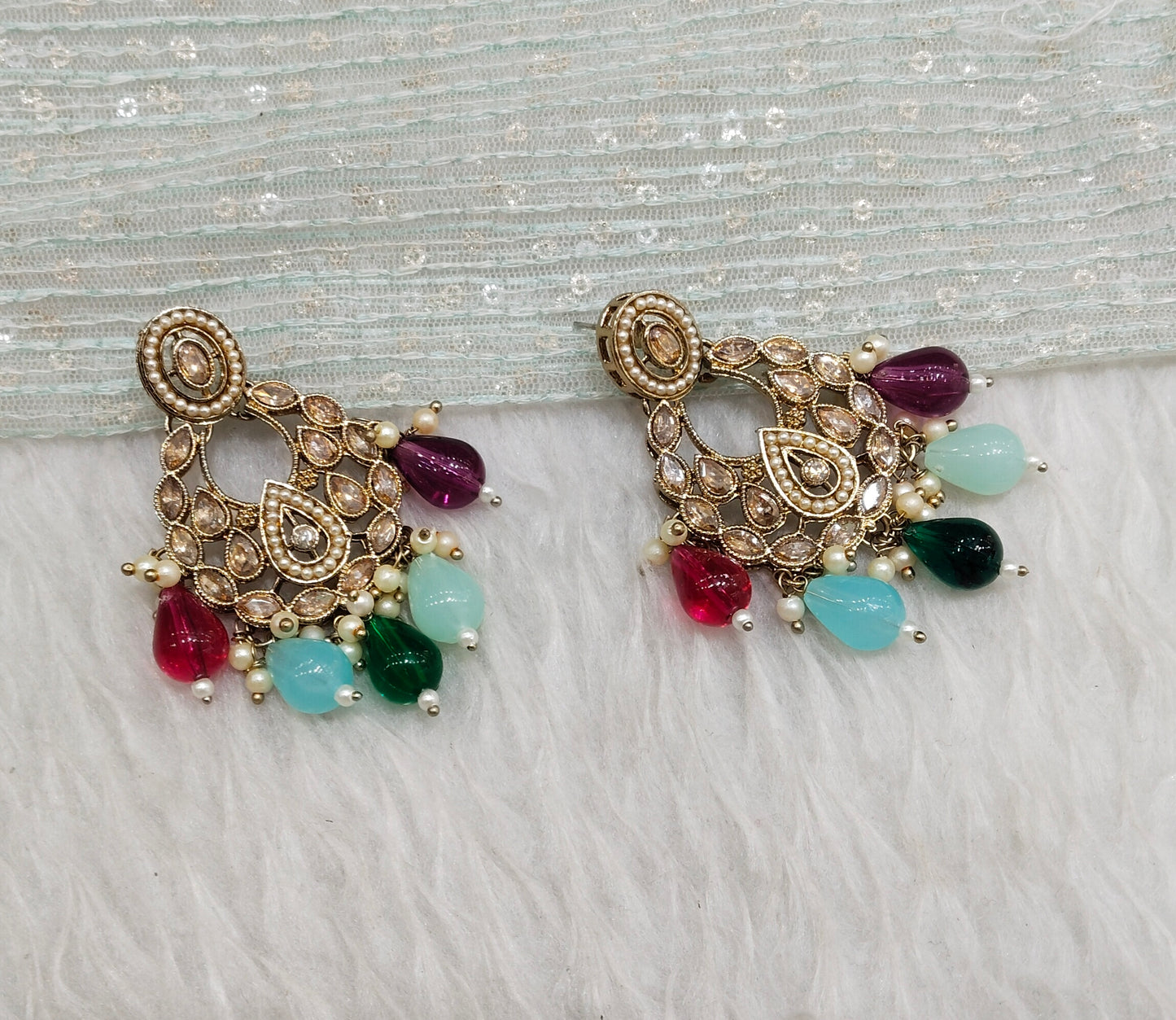 Multi Color Antique Gold Bollywood Kane Indian Earrings