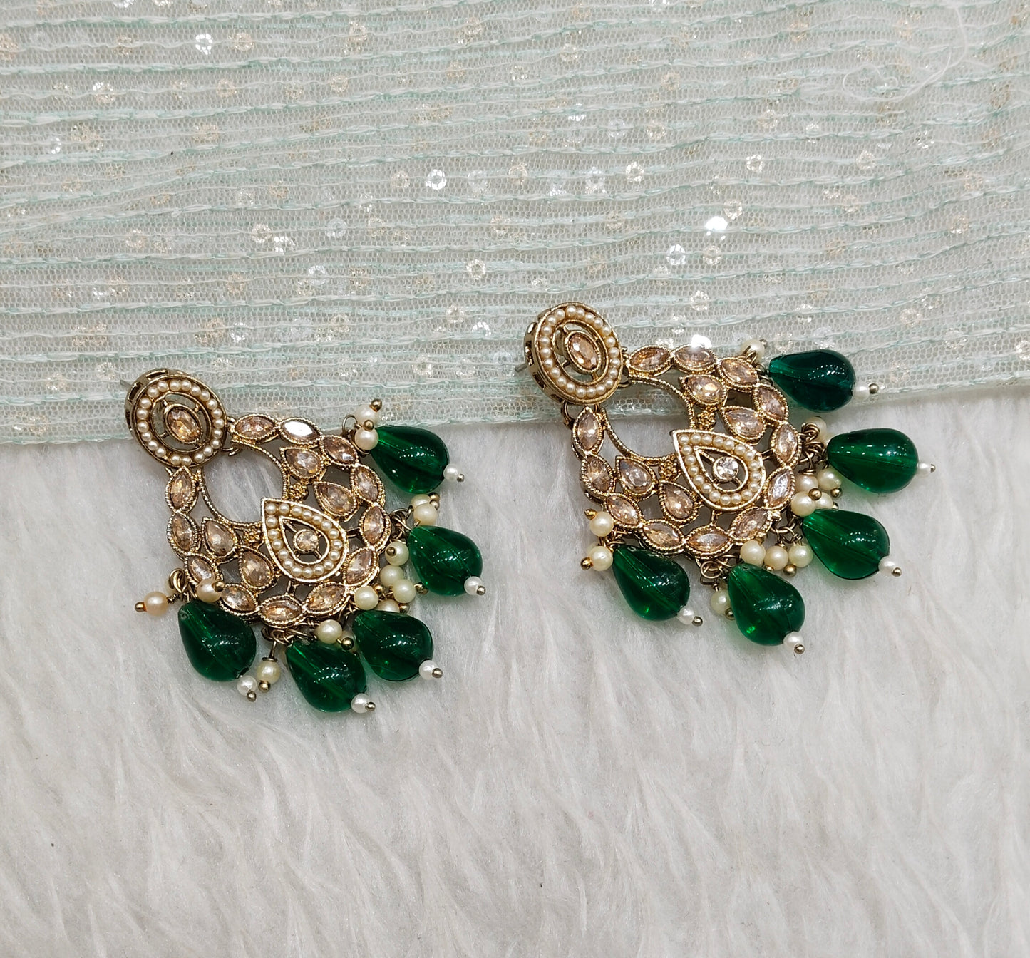 Green Antique Gold Bollywood Kane Indian Earrings