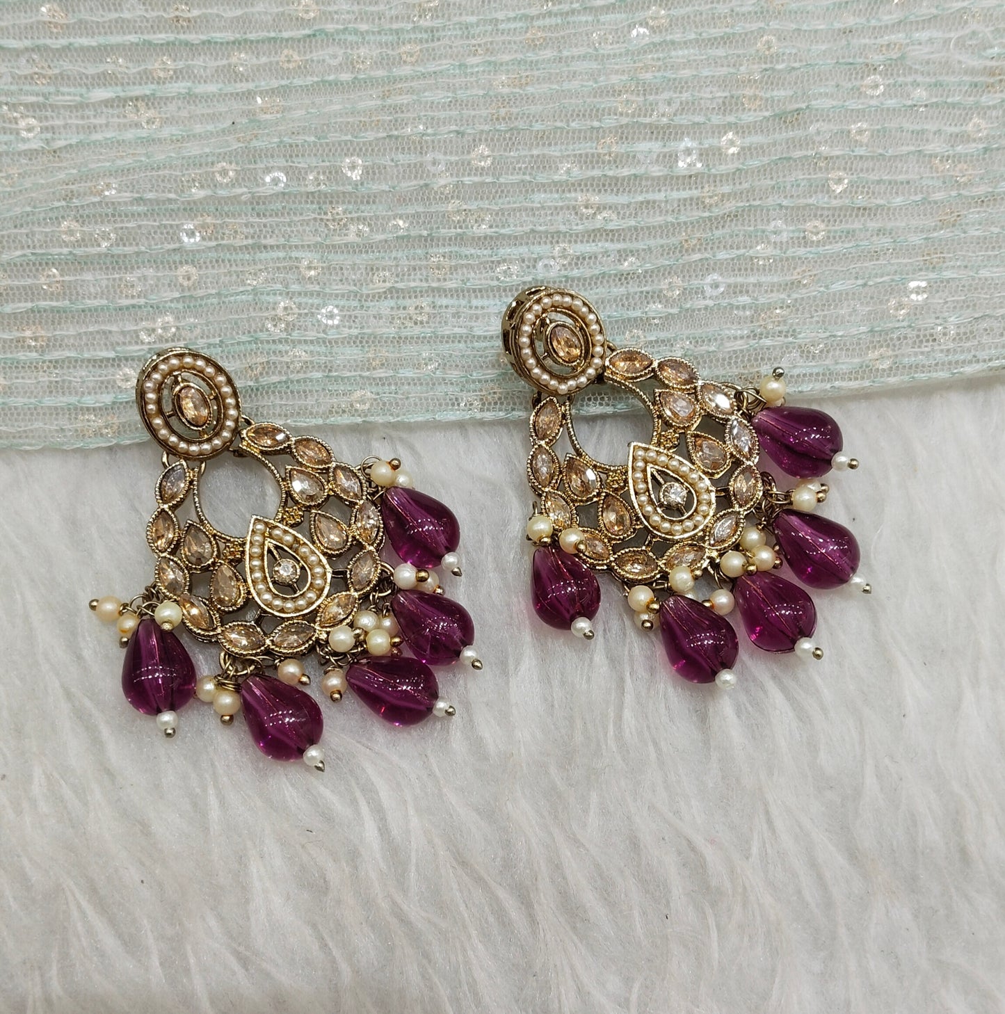 Purple Antique Gold Bollywood Kane Indian Earrings