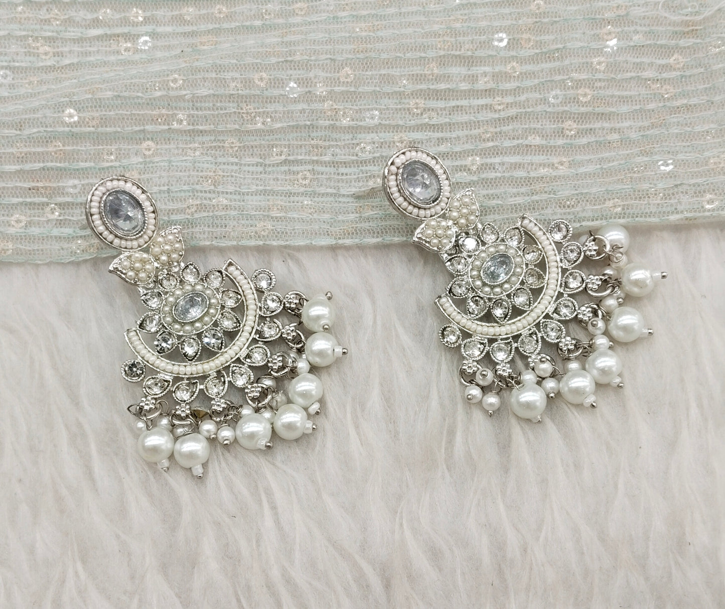 Silver White Bollywood Maan Indian Earrings