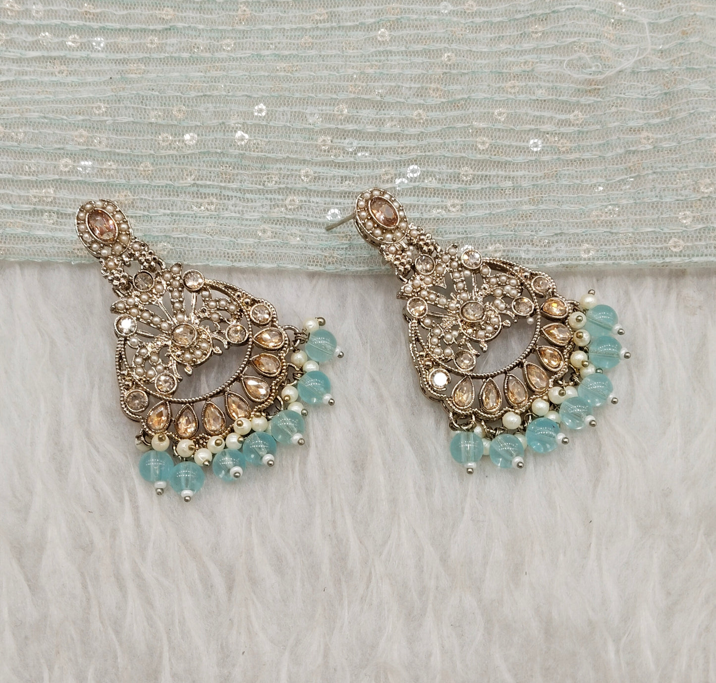 Sea Green Antique Gold Bollywood Ammy Indian Earrings