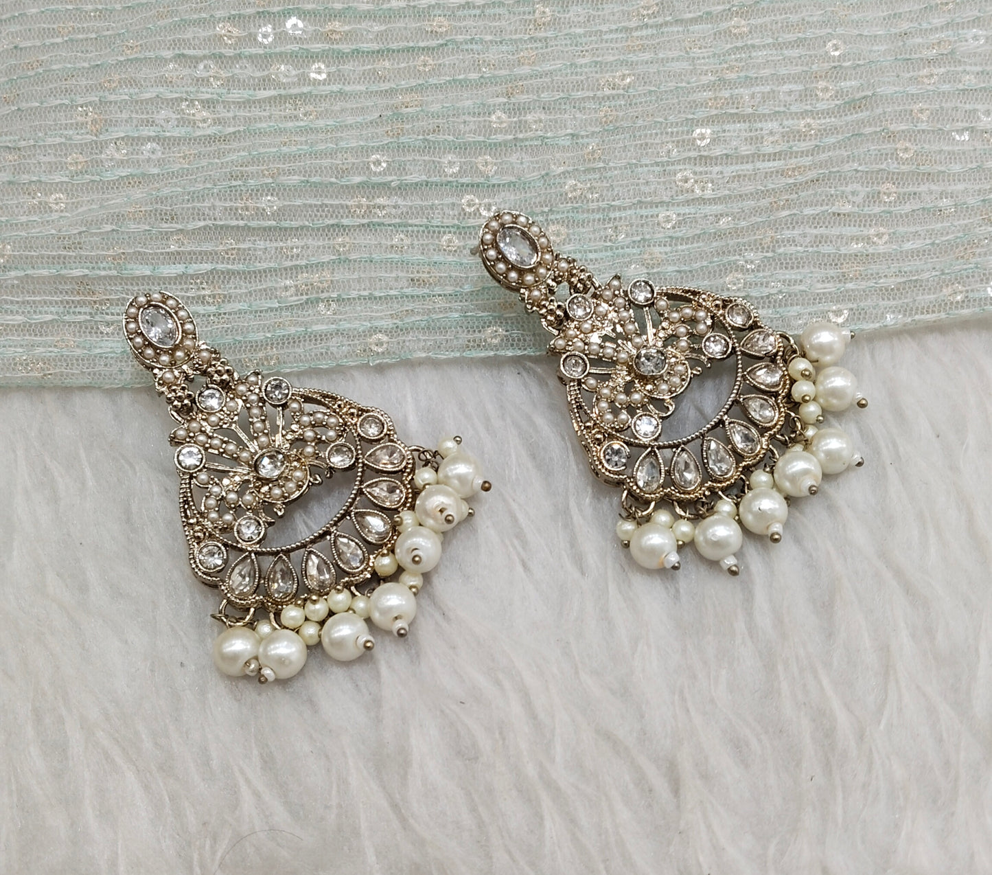 White Antique Gold Bollywood Ammy Indian Earrings