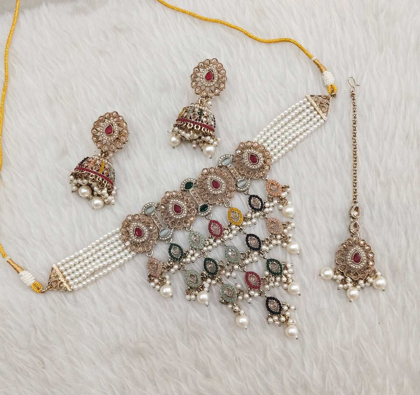 Multi Color Antique Gold Choker Indian Jewellery Monte Set