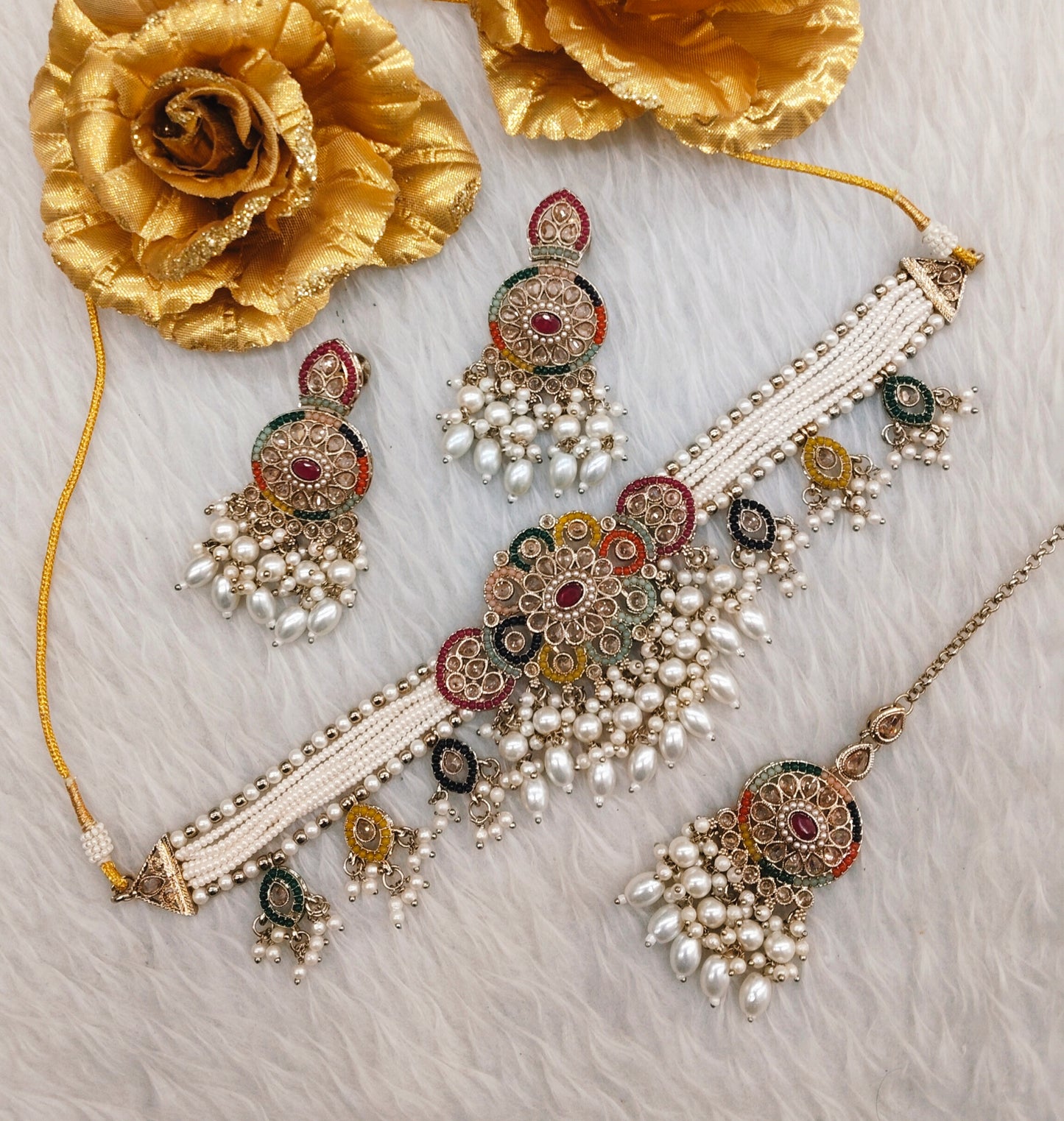 Multi Color Antique Gold Choker Indian Jewellery Monte Set