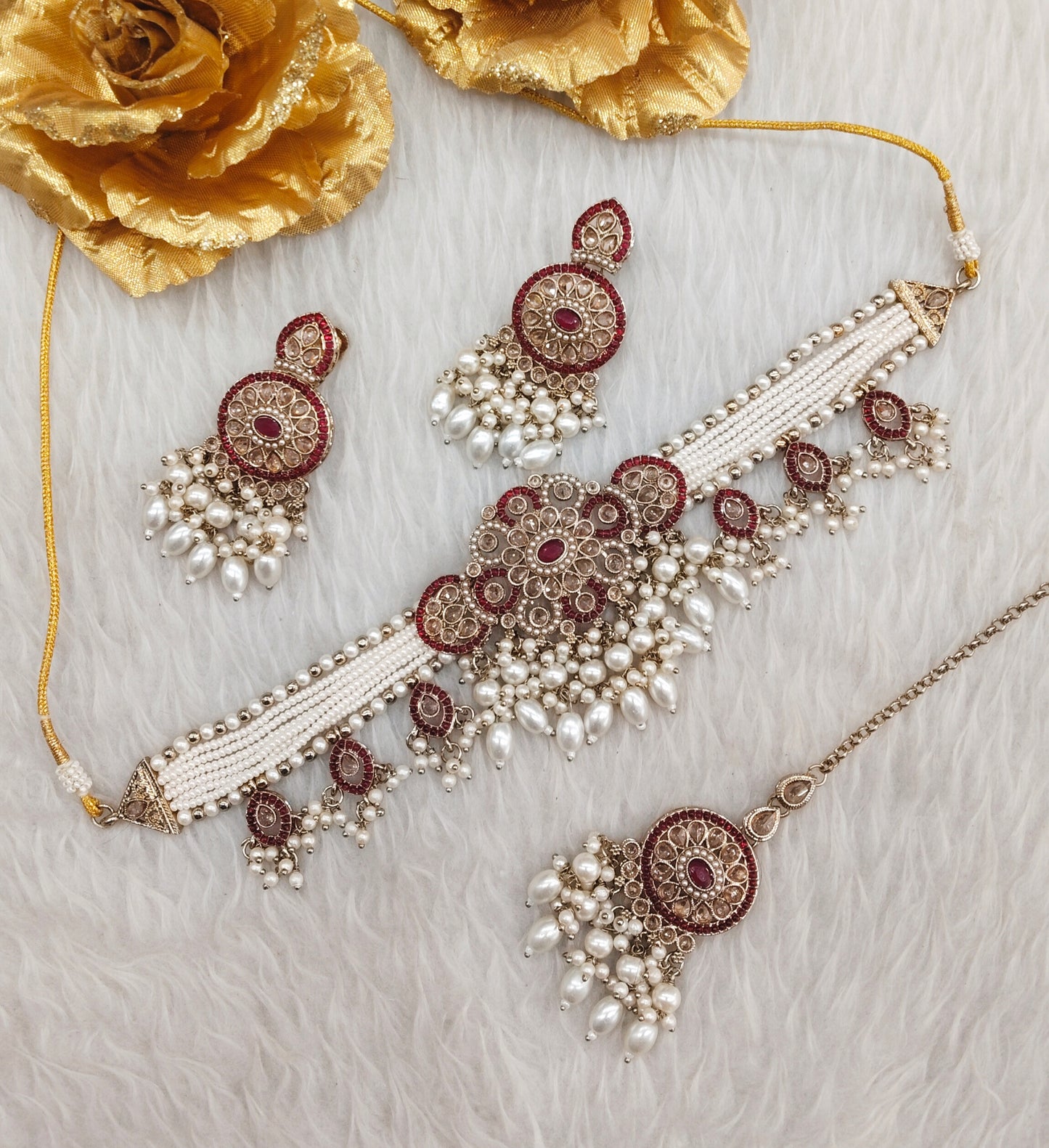 Maroon Antique Gold Choker Indian Jewellery Monte Set