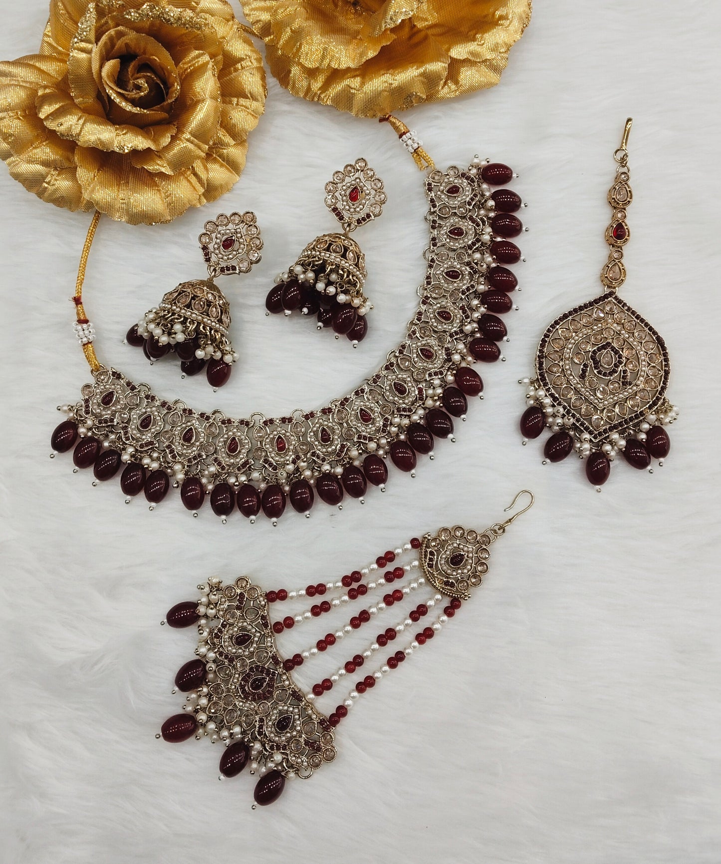 Maroon Antique Gold Necklace Pakistani Indian Jewellery Carlo Set