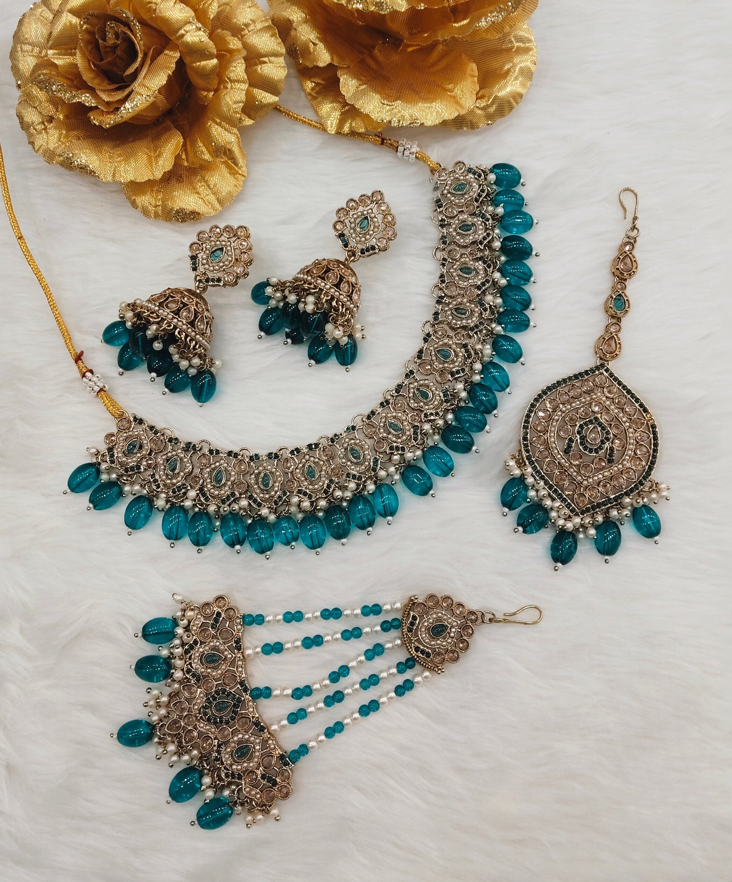 Rama Green Antique Gold Necklace Pakistani Indian Jewellery Carlo Set