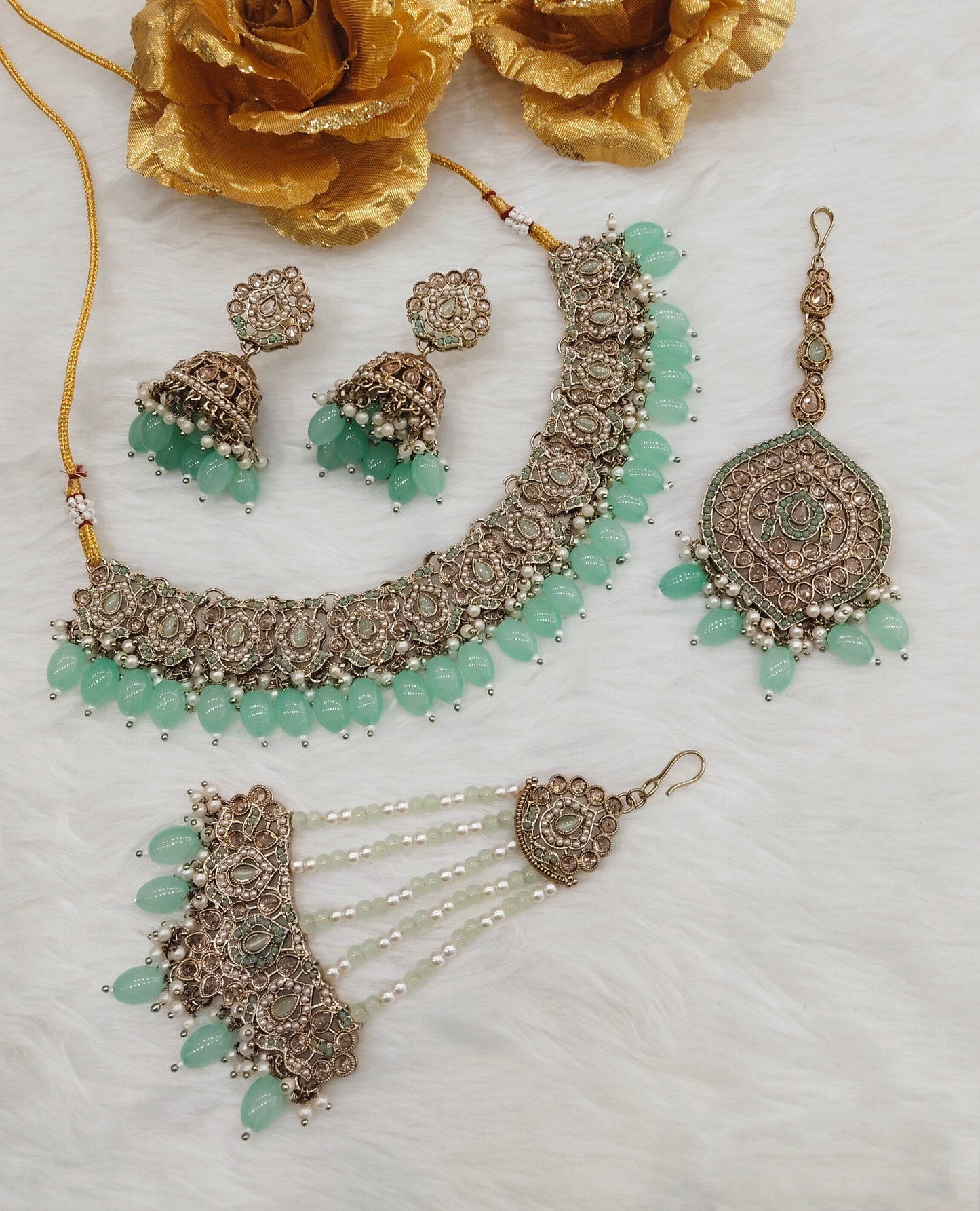 Pastel Green Antique Gold Necklace Pakistani Indian Jewellery Carlo Set