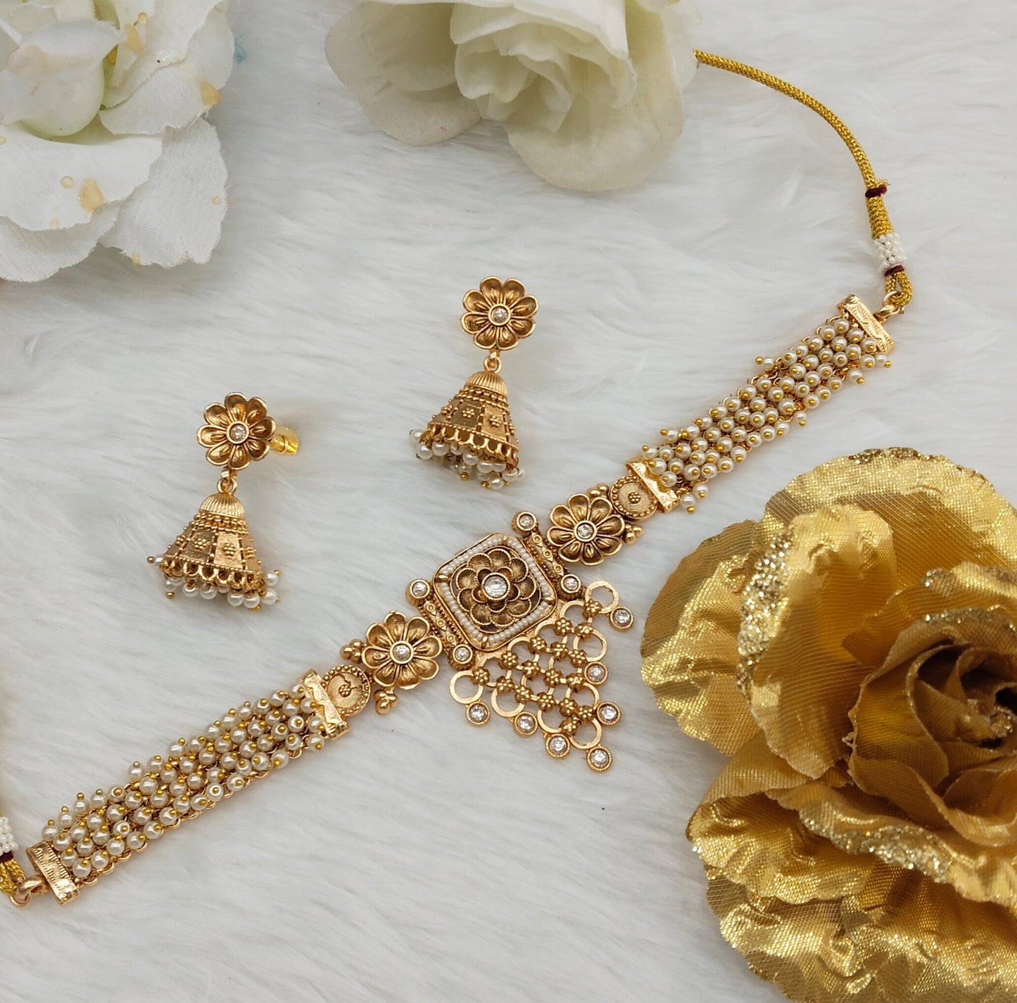 White Gold Polki Choker Indian Jewellery Smile Set