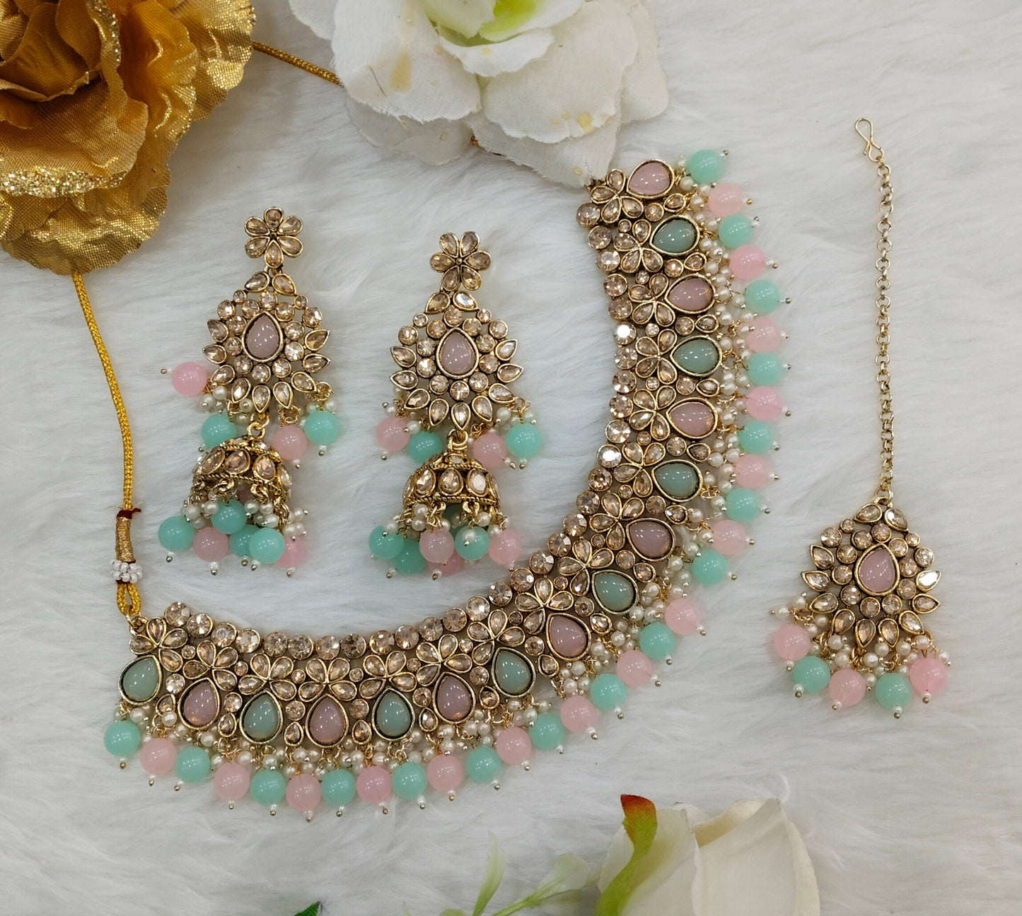 Mint Pink Antique Gold Kundan Necklace Indian Jewellery Babli Set