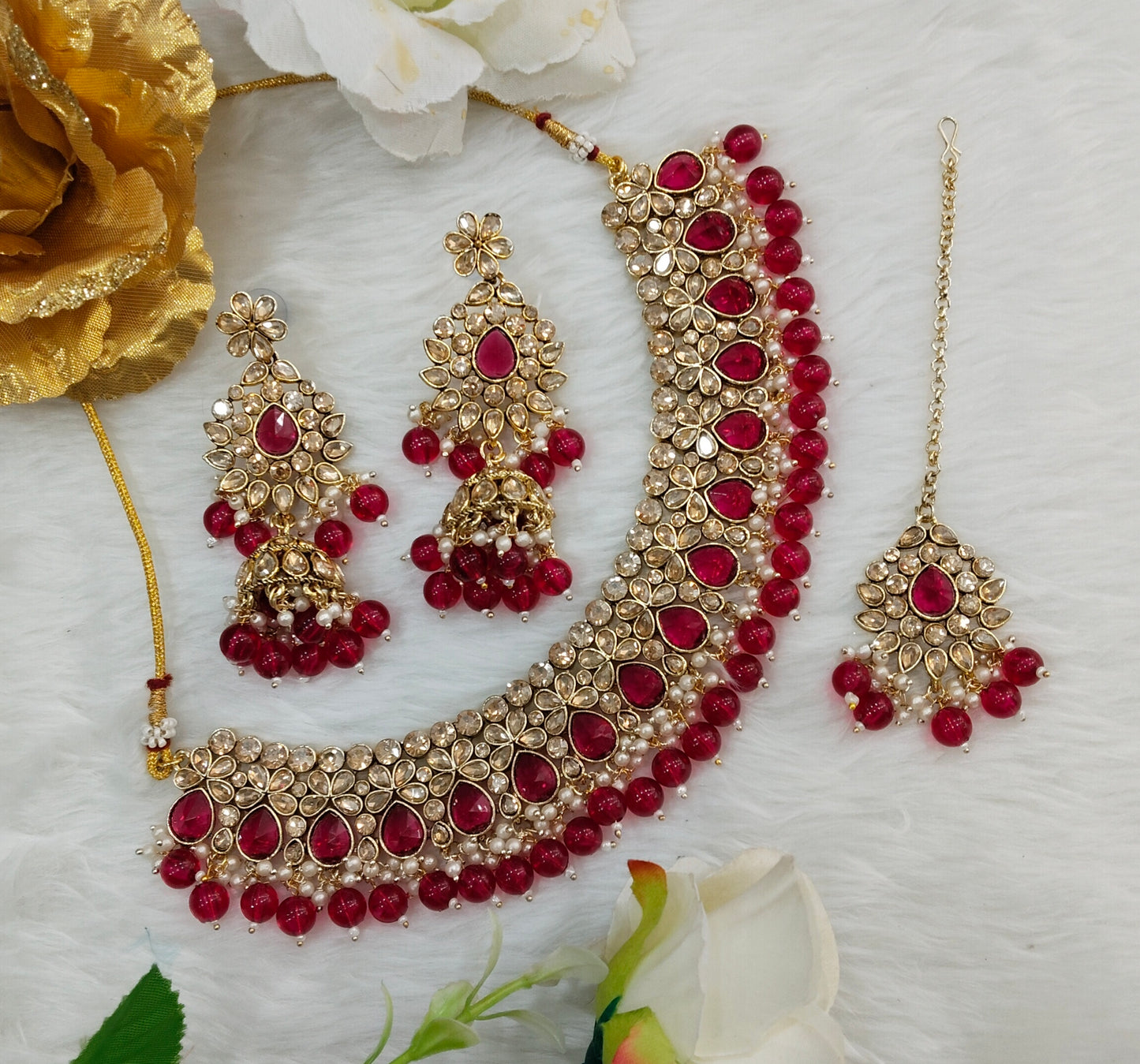 Majenta Antique Gold Kundan Necklace Indian Jewellery Babli Set