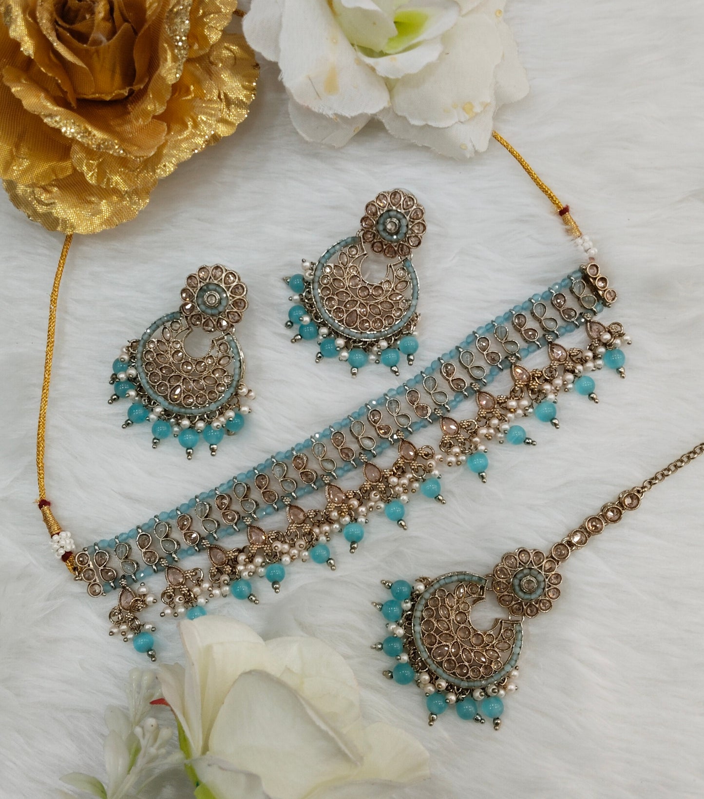 Sea Green Antique Gold Choker Indian Jewellery Babli Set
