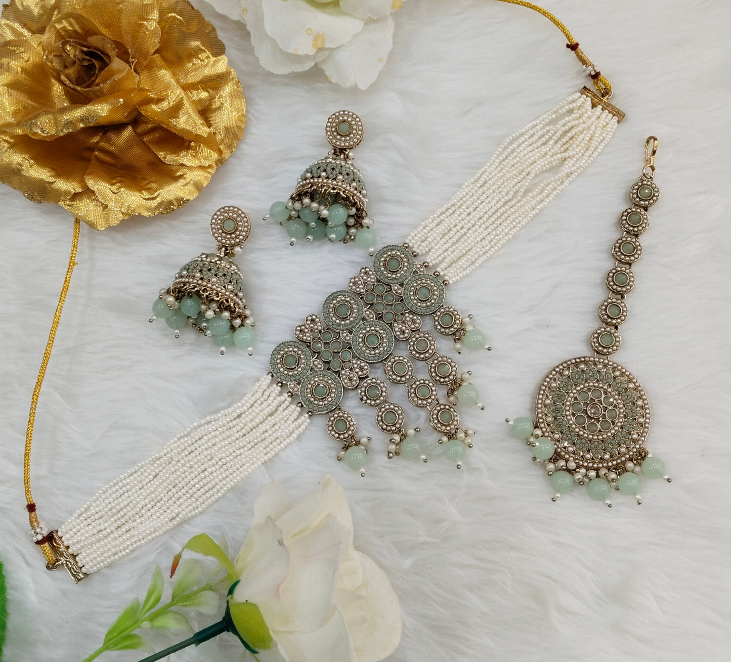 Pastel Green Antique Gold Choker Indian Jewellery Babli Set