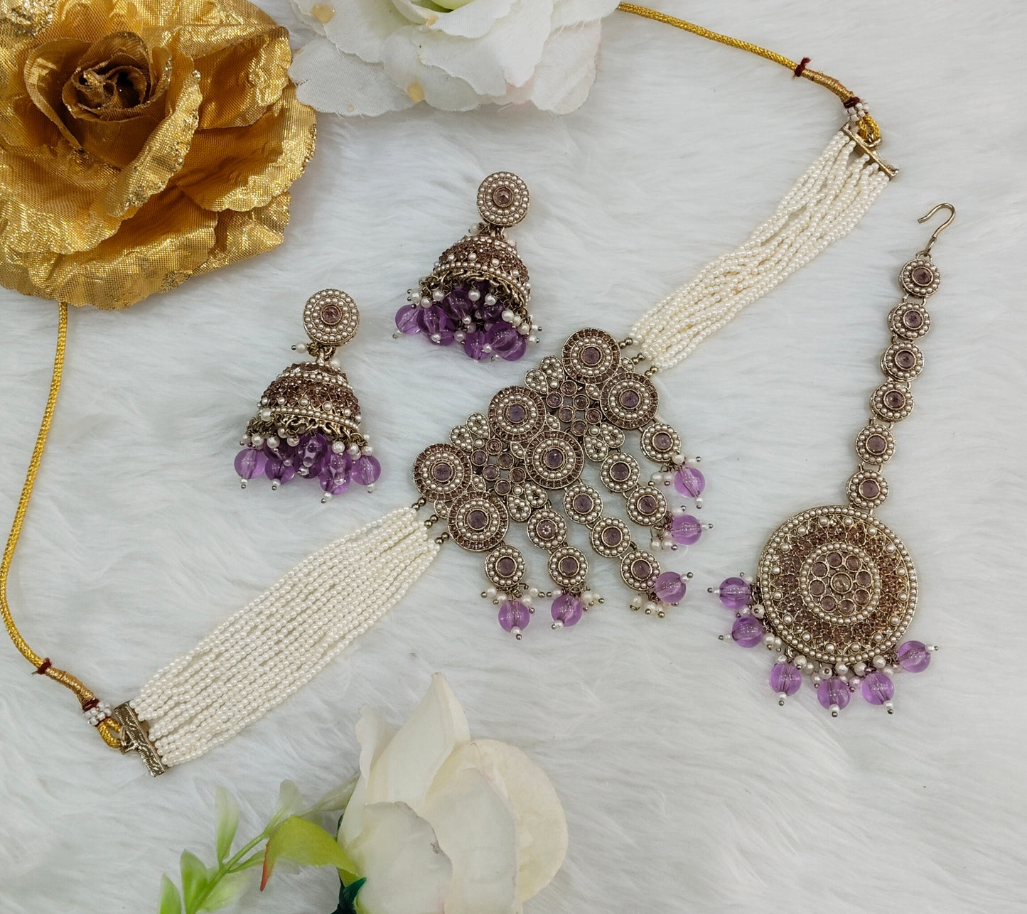 Lavender Antique Gold Choker Indian Jewellery Babli Set