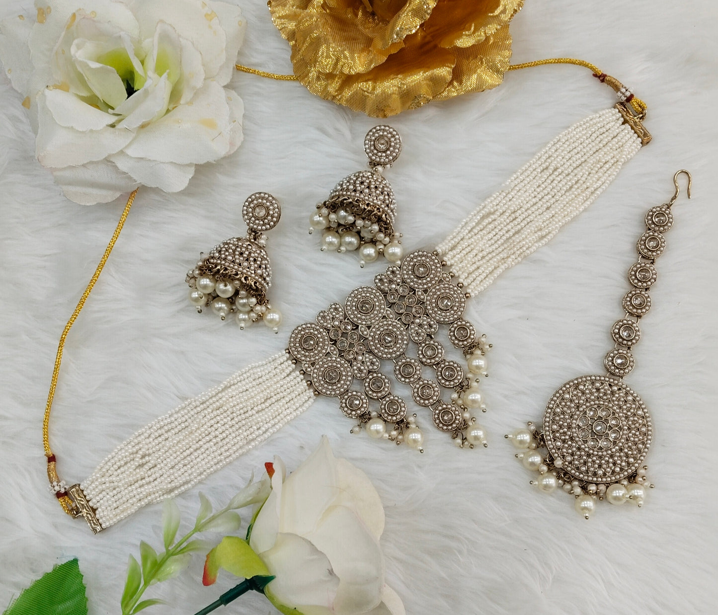 White Antique Gold Choker Indian Jewellery Babli Set
