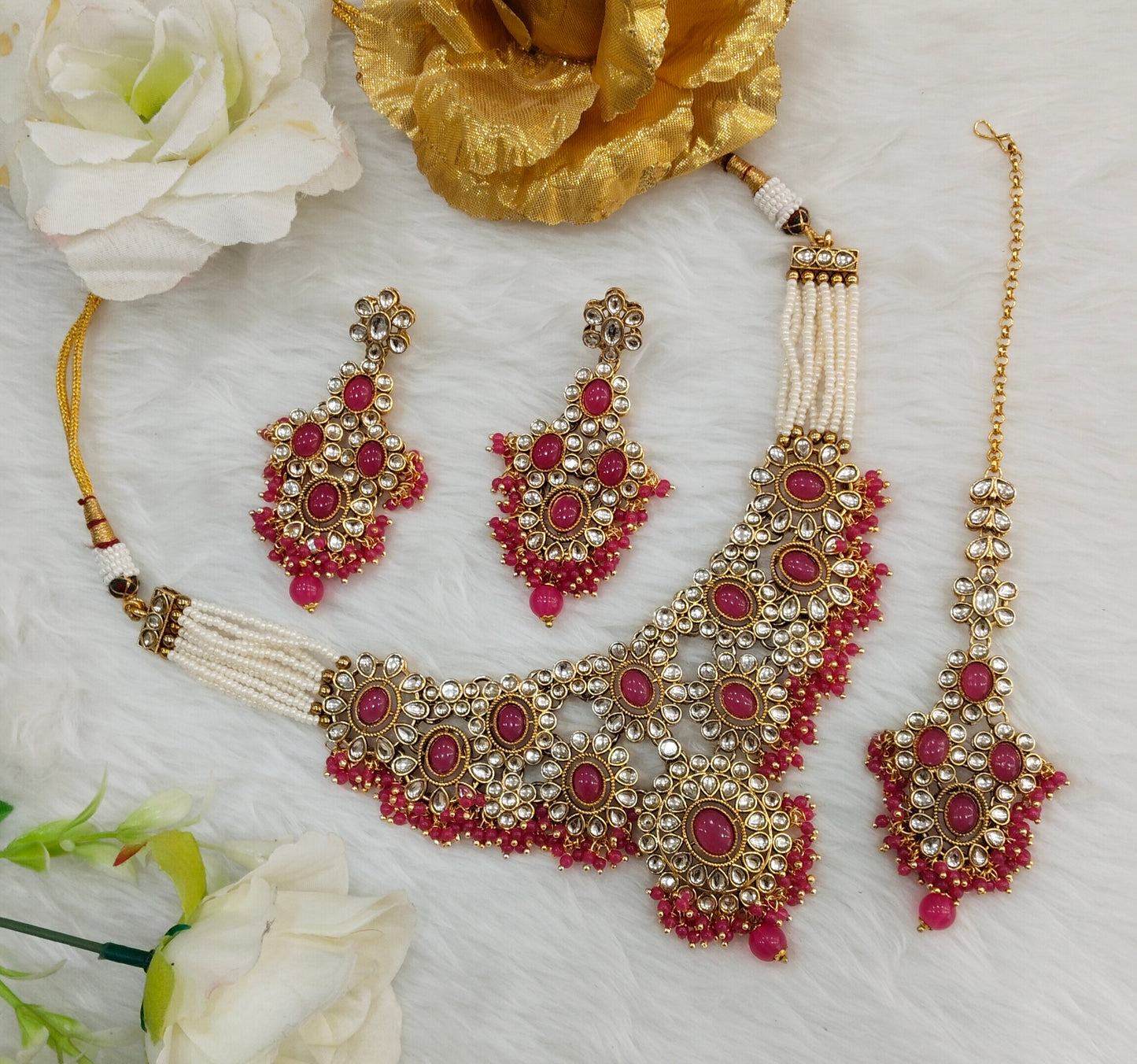 Rani Pink Gold Kundan Necklace Indian Jewellery Ritika Set