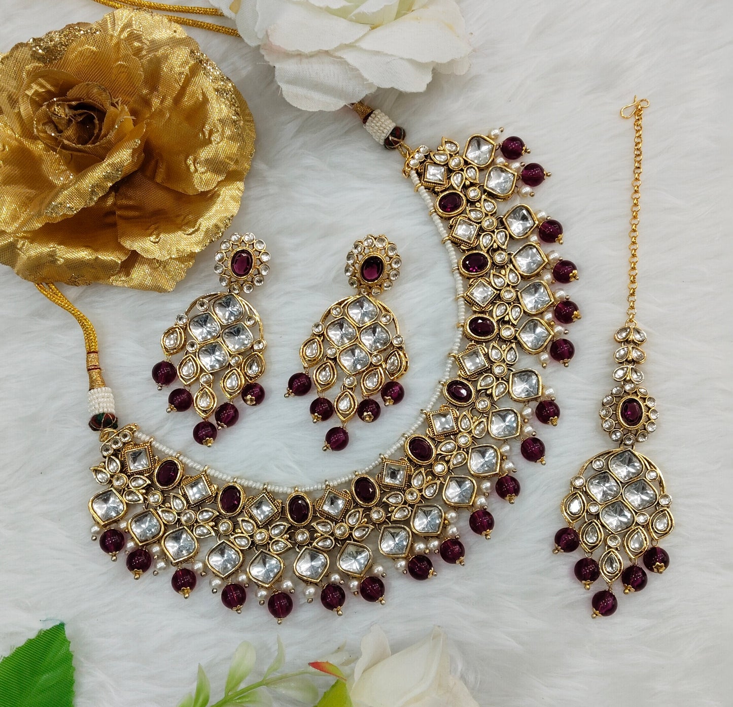 Purple Gold Kundan Necklace Indian Jewellery Rishi Set